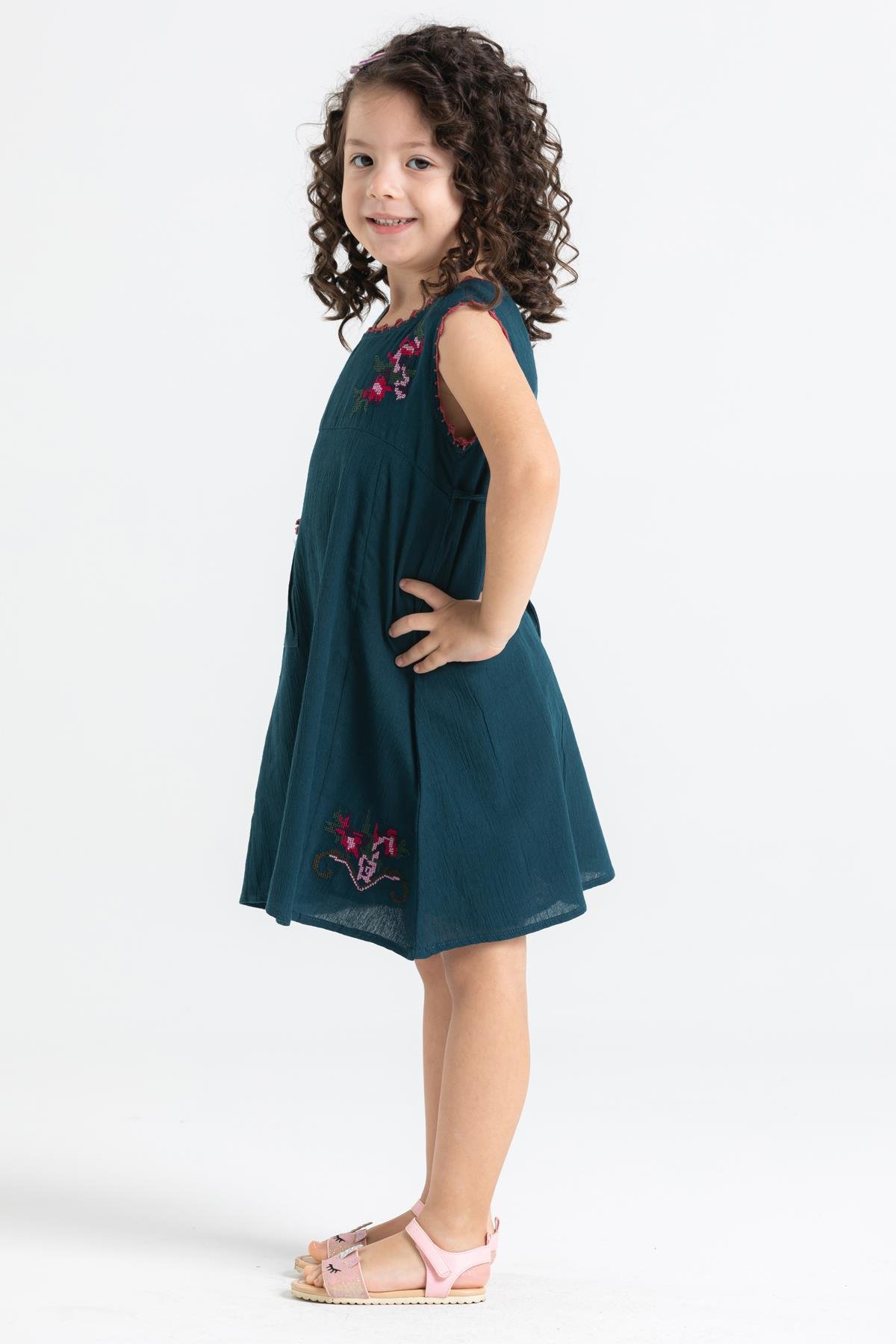 Toptan Burçak Şile Bezi Çocuk Elbise Petrol