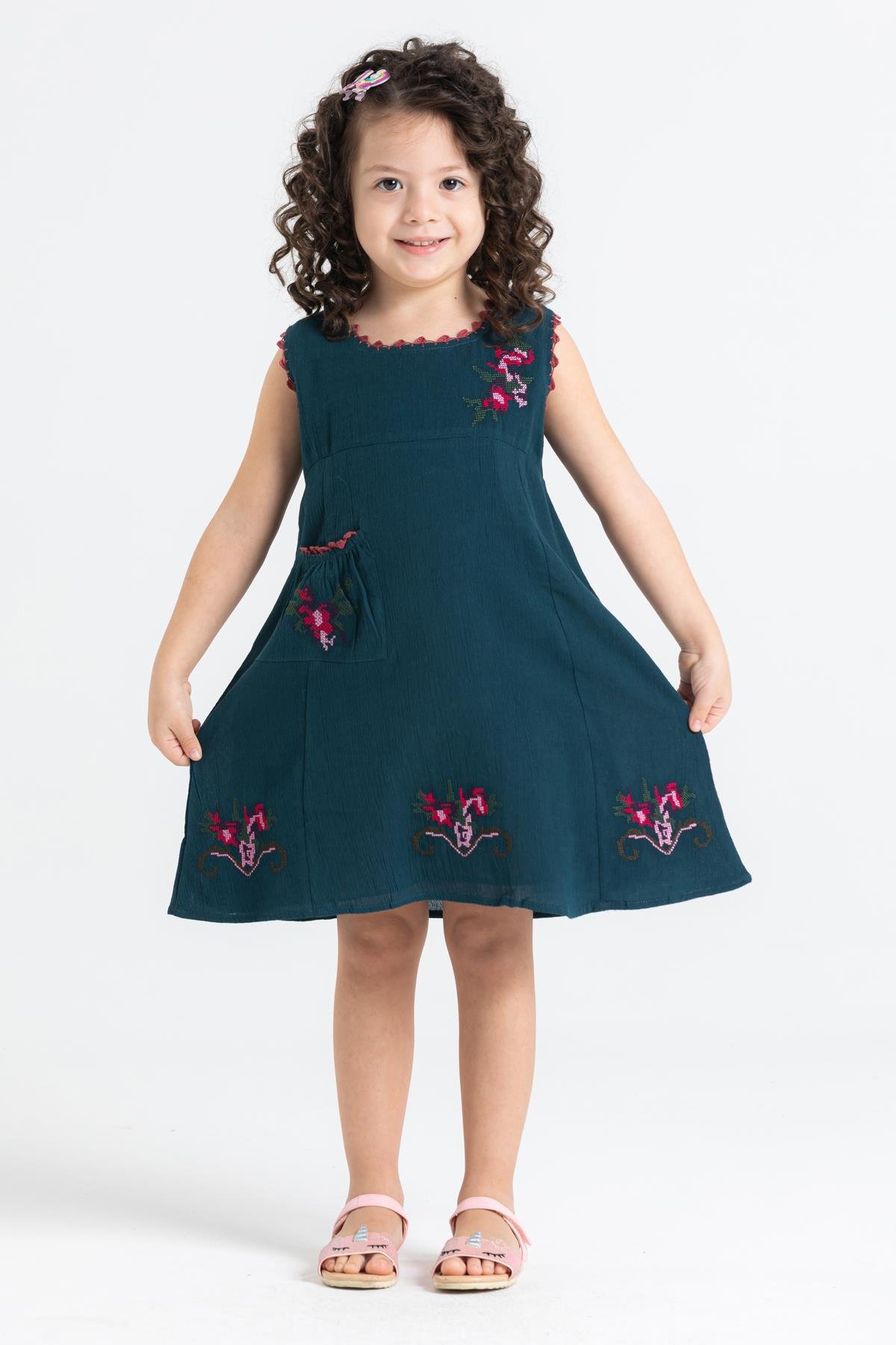 Toptan Burçak Şile Bezi Çocuk Elbise Petrol