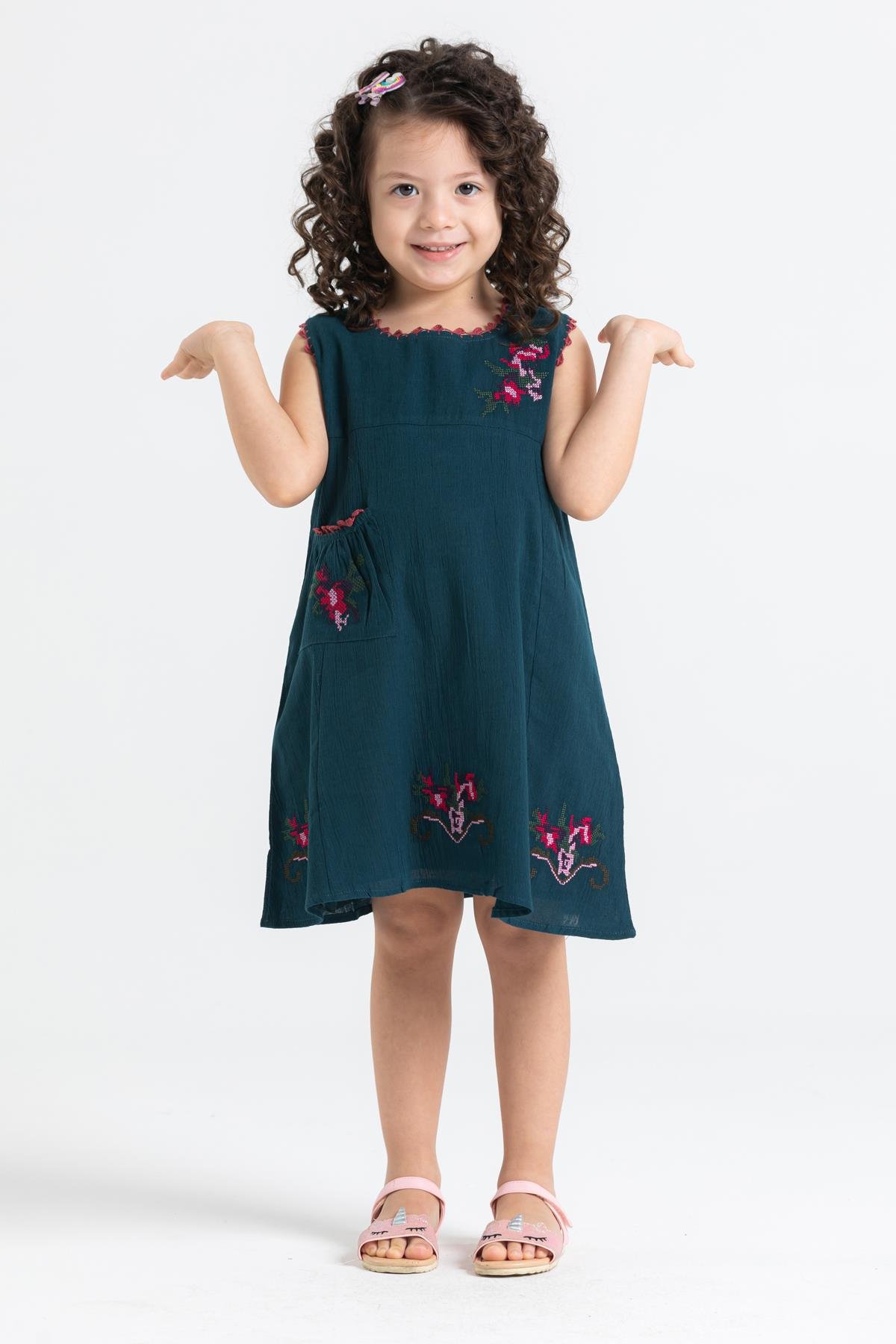 Toptan Burçak Şile Bezi Çocuk Elbise Petrol