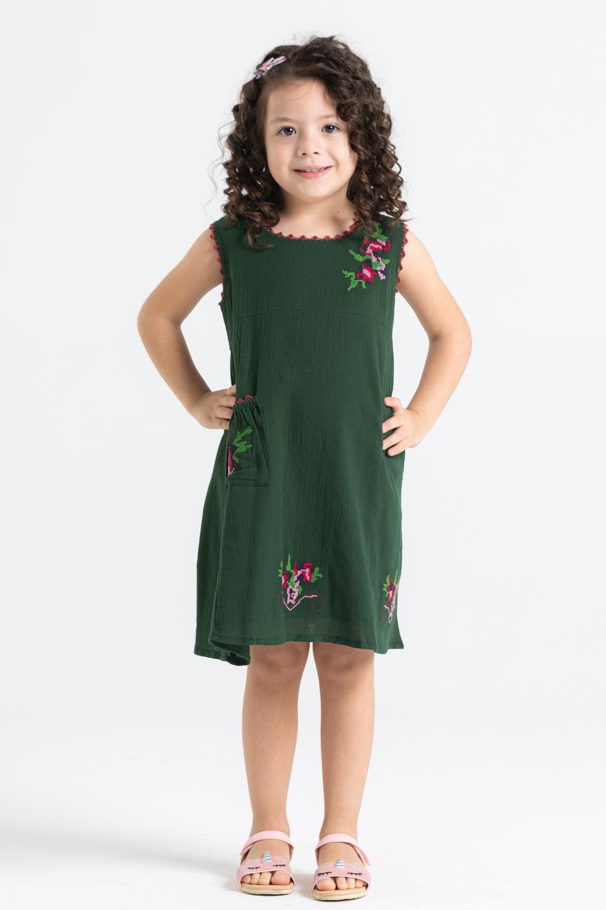 Toptan Burçak Şile Bezi Çocuk Elbise Yeşil