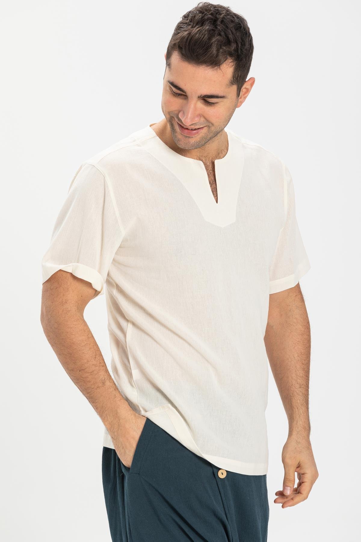 Toptan Büyük Beden Kısa Kol Şile Bezi Bisiklet Yaka Erkek Tshirt Krem