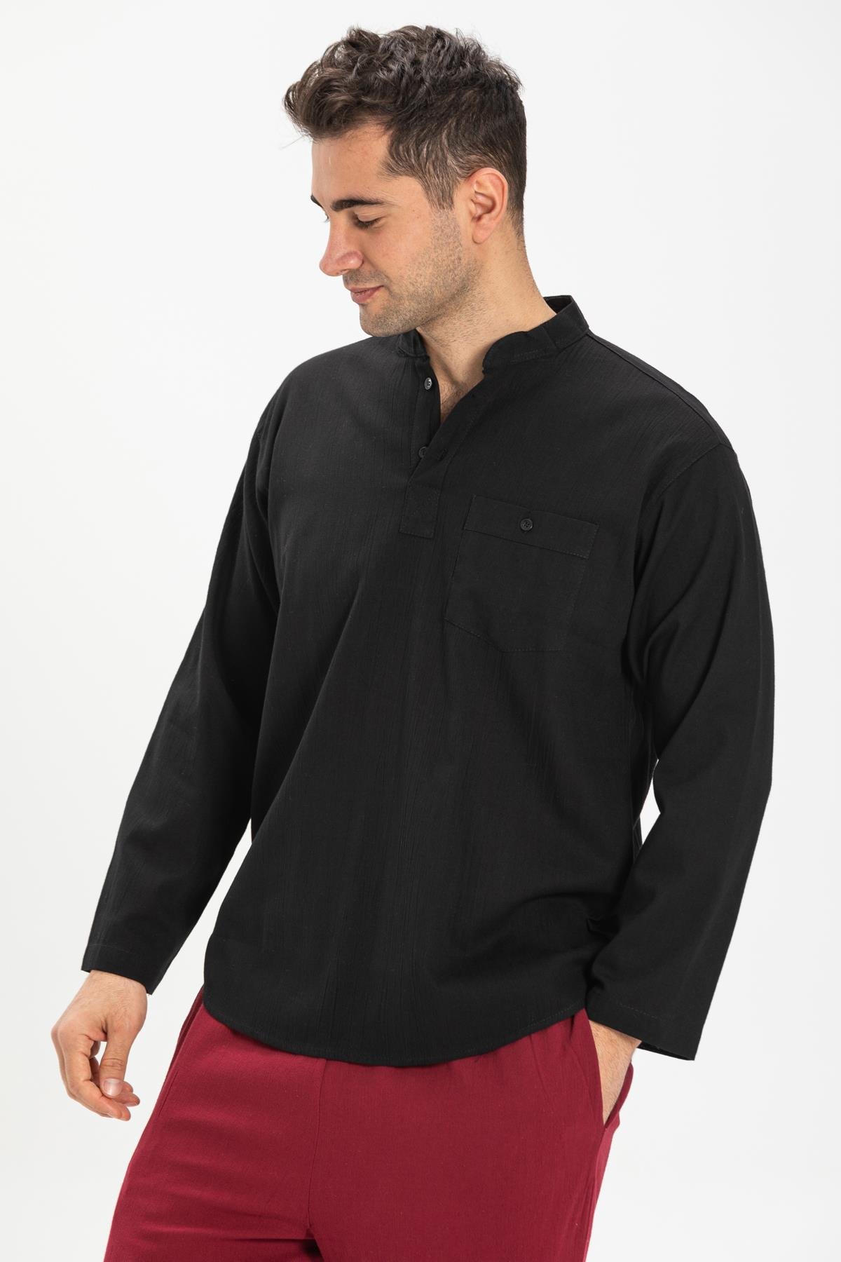 Toptan Büyük Beden Şile Bezi Uzun Kol Hakim Yaka T-Shirt Siyah