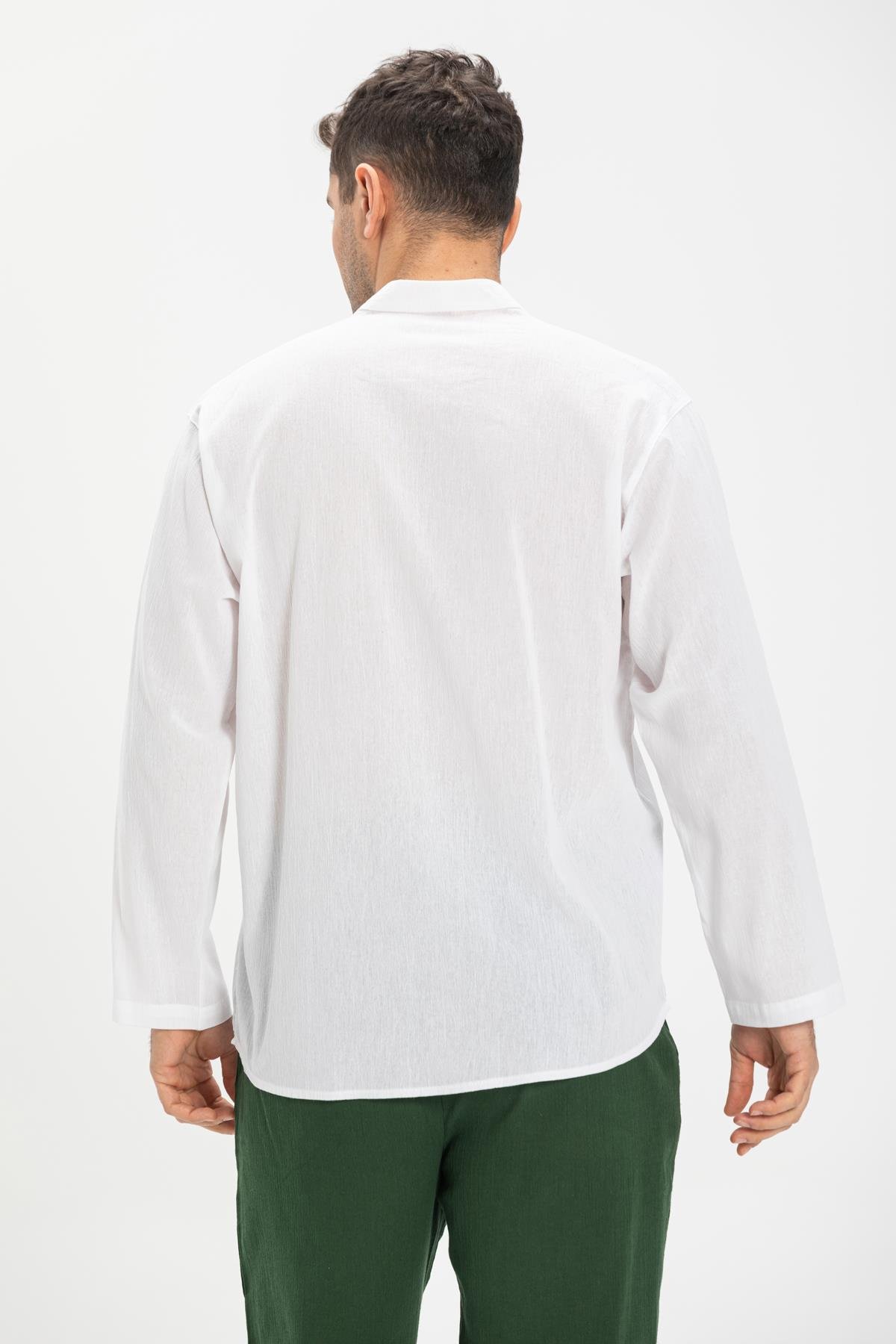 Toptan Büyük Beden Şile Bezi Uzun Kol Hakim Yaka T-shirt Beyaz