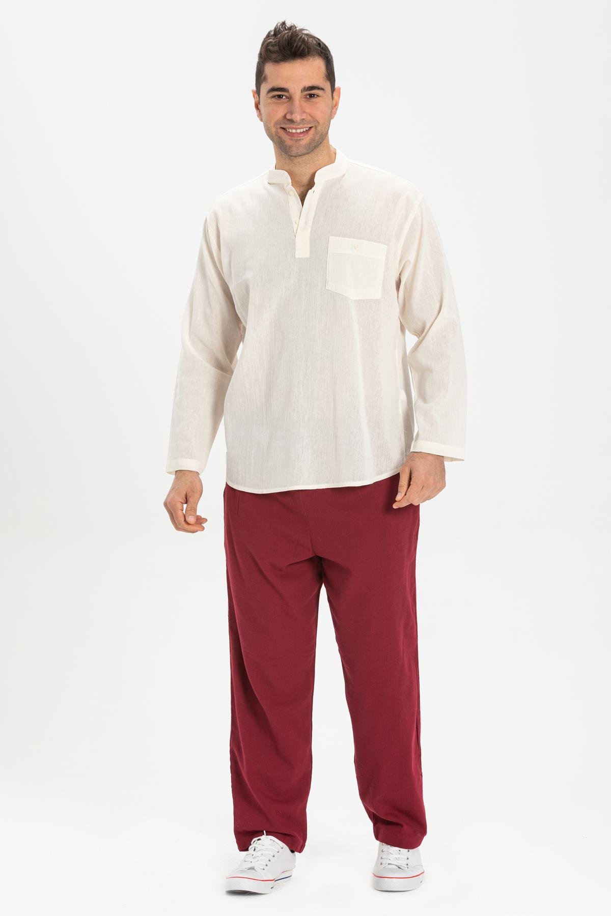 Toptan Büyük Beden Şile Bezi Uzun Kol Hakim Yaka T-shirt Krem