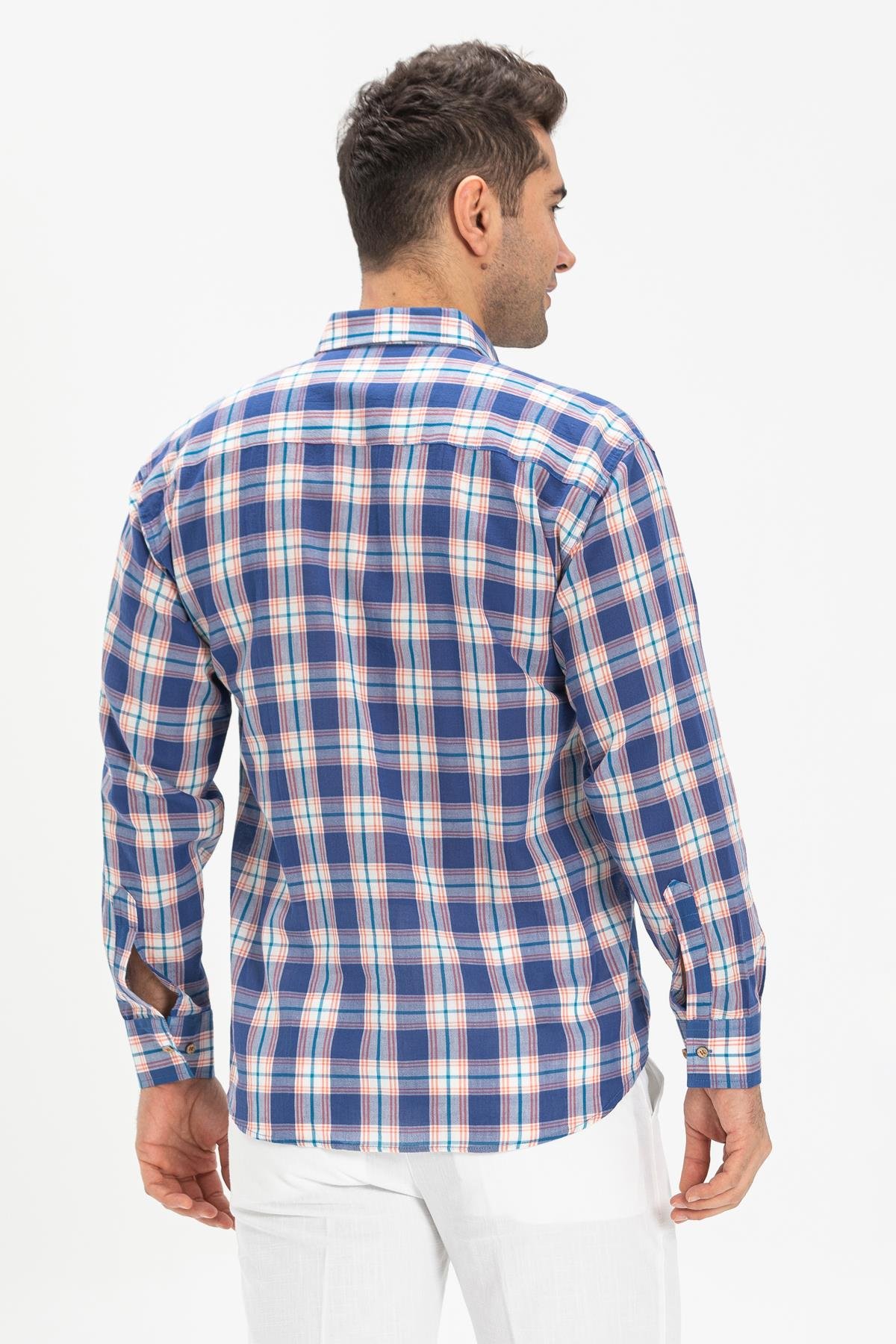 Toptan Büyük Beden Şile Bezi Uzun Kol Erkek Gömlek Saks Ekose