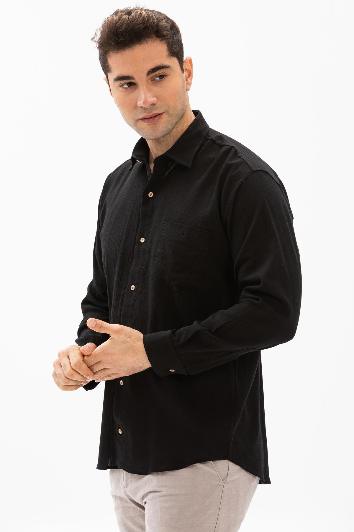 Toptan Büyük Beden Şile Bezi Uzun Kol Erkek Gömlek Siyah