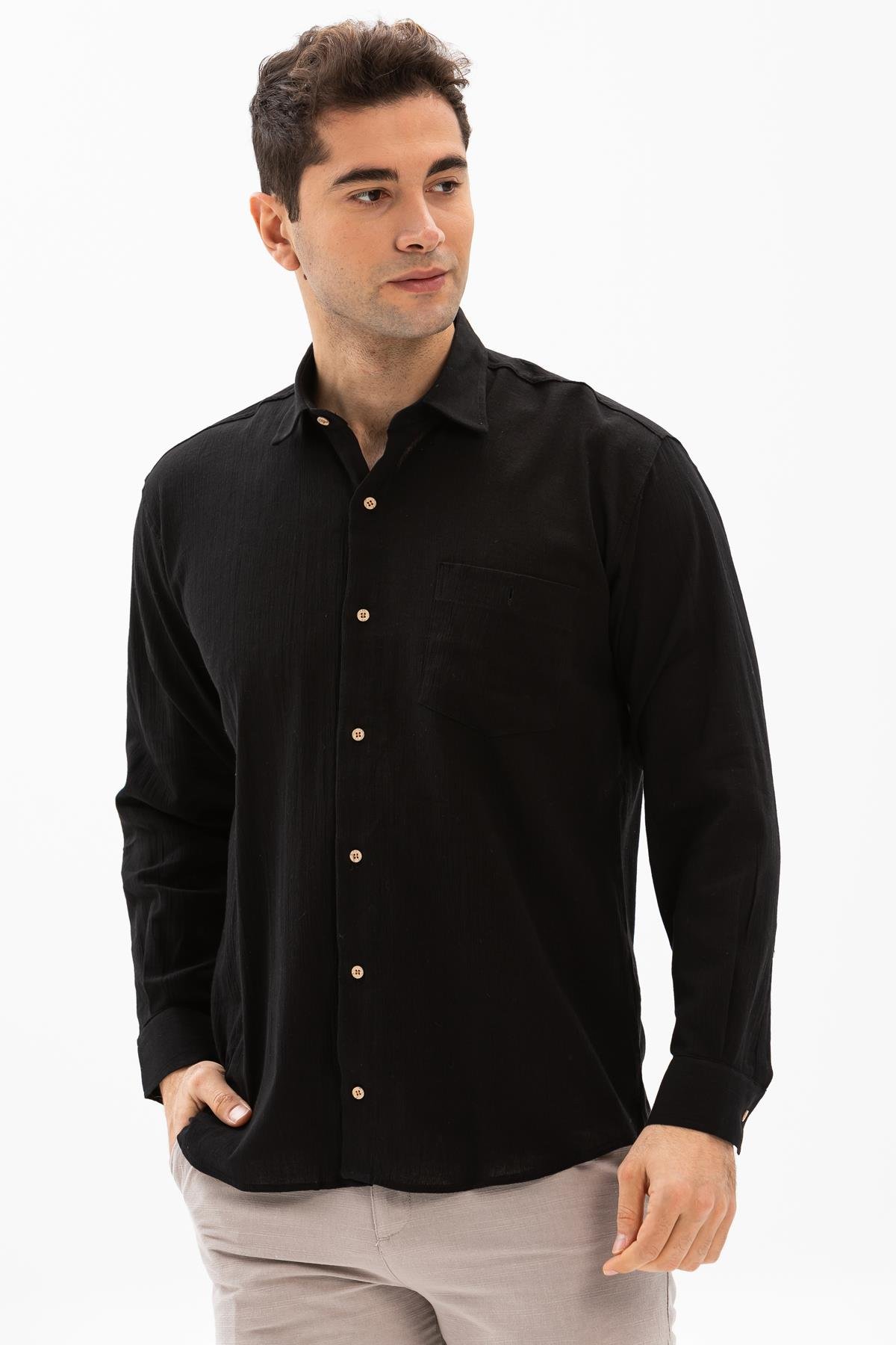 Toptan Büyük Beden Şile Bezi Uzun Kol Erkek Gömlek Siyah