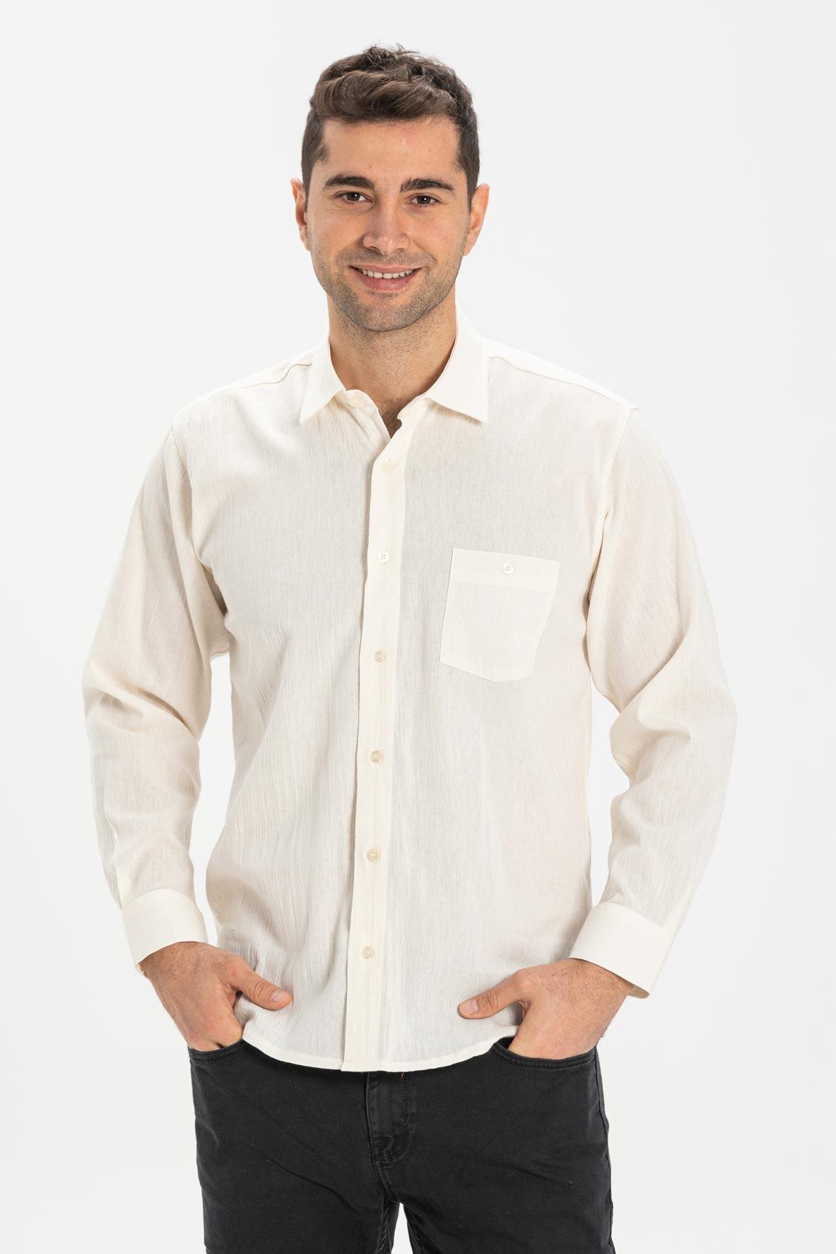 Toptan Büyük Beden Şile Bezi Uzun Kol Erkek Gömlek Krem