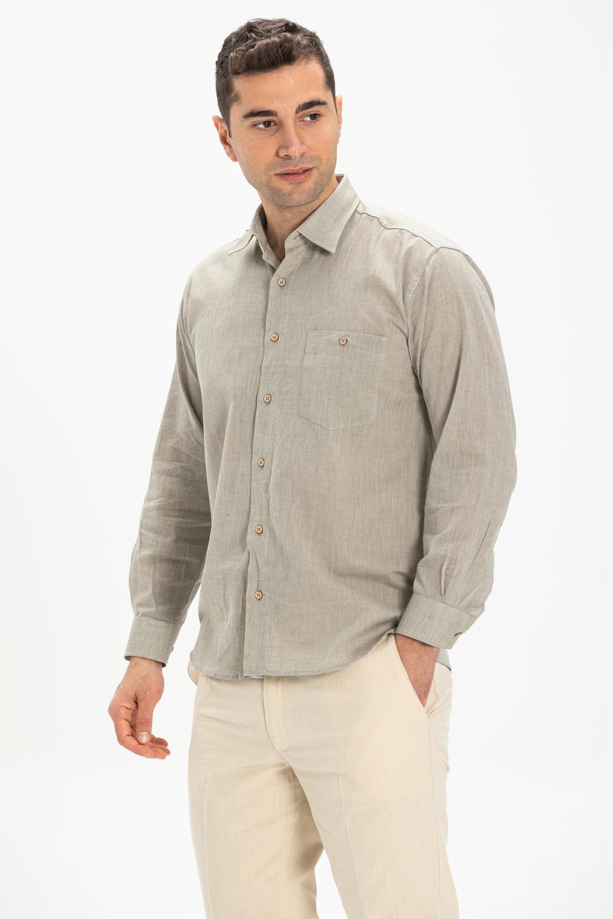 Toptan Büyük Beden Şile Bezi Uzun Kol Erkek Gömlek Taş