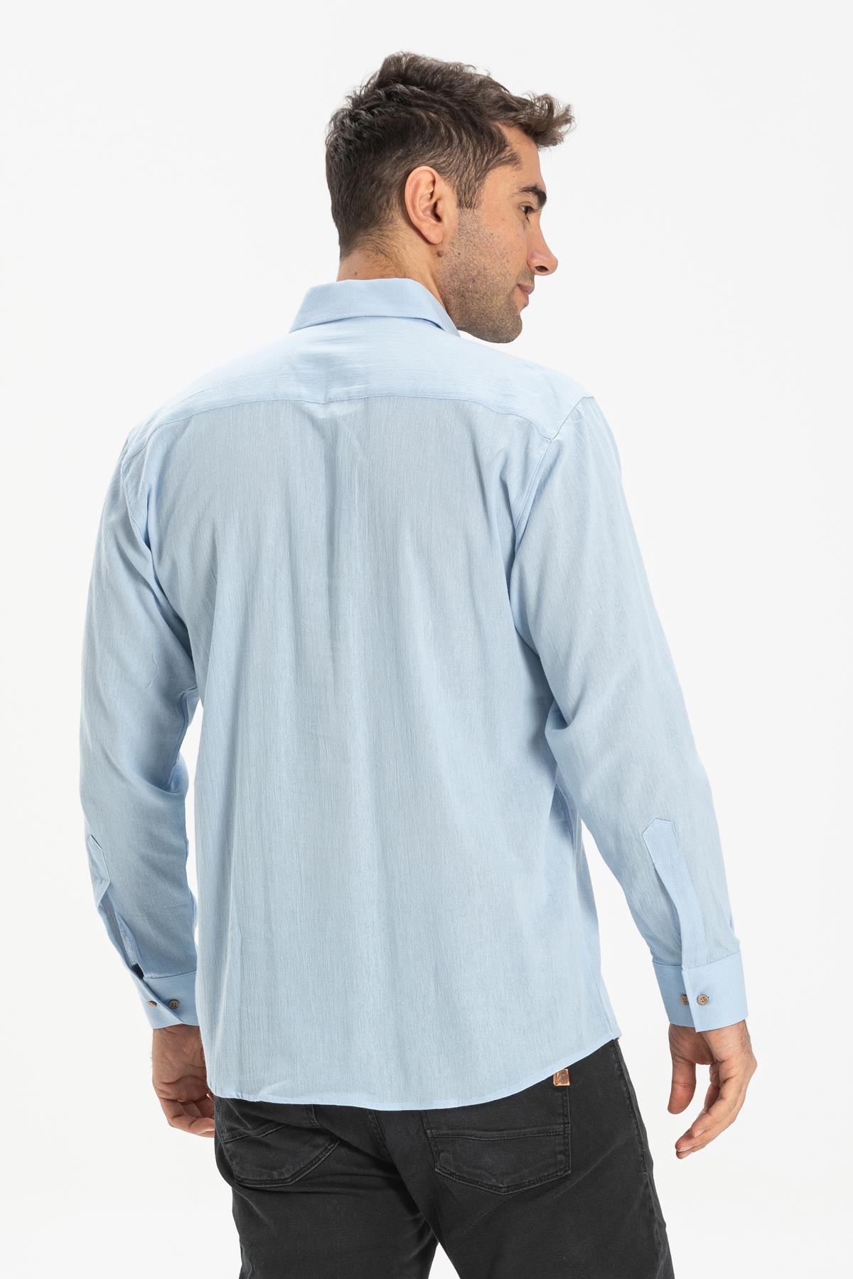 Toptan Büyük Beden Şile Bezi Uzun Kol Erkek Gömlek Buz Mavi