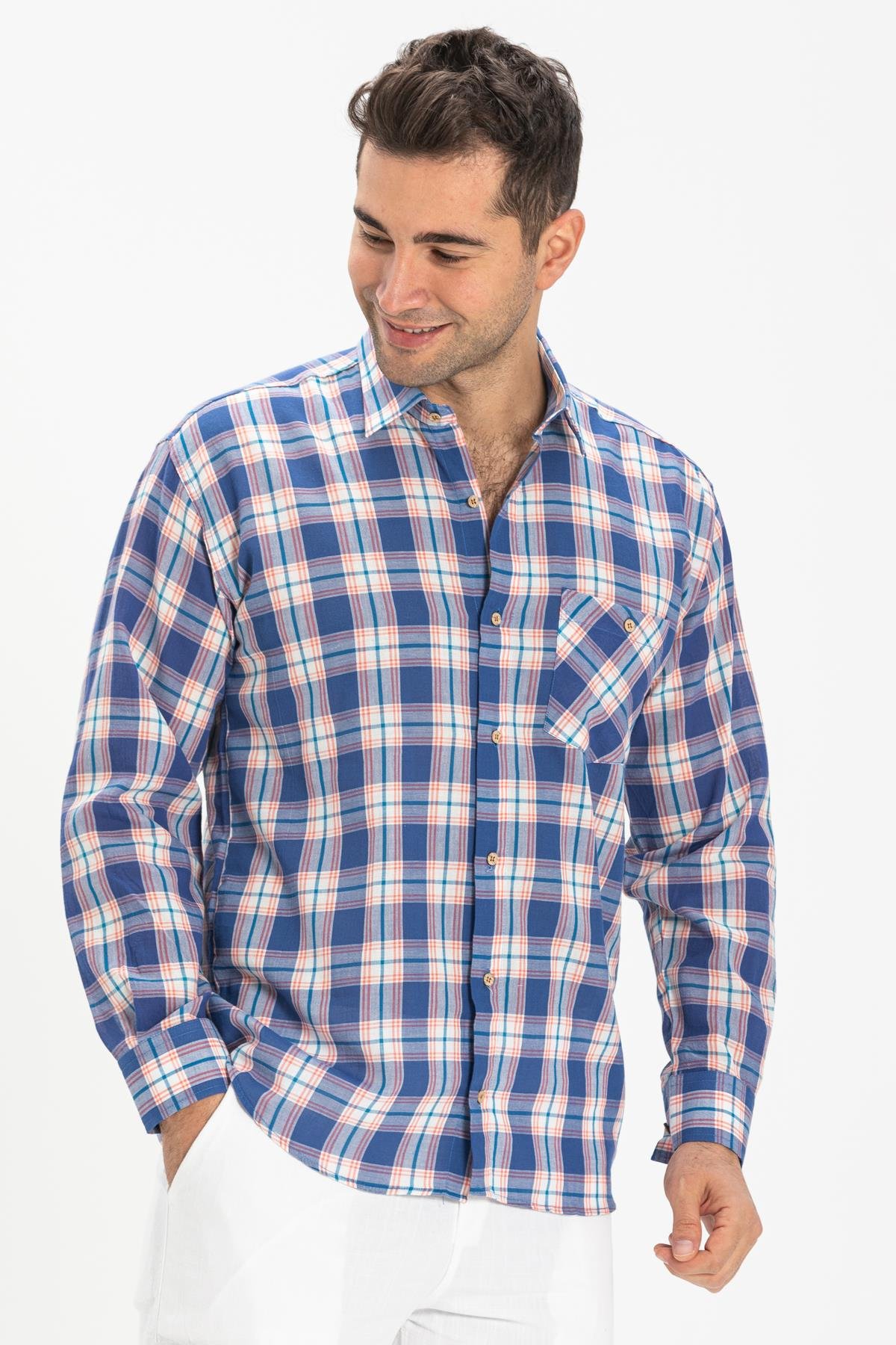 Toptan Büyük Beden Şile Bezi Uzun Kol Erkek Gömlek Saks Ekose