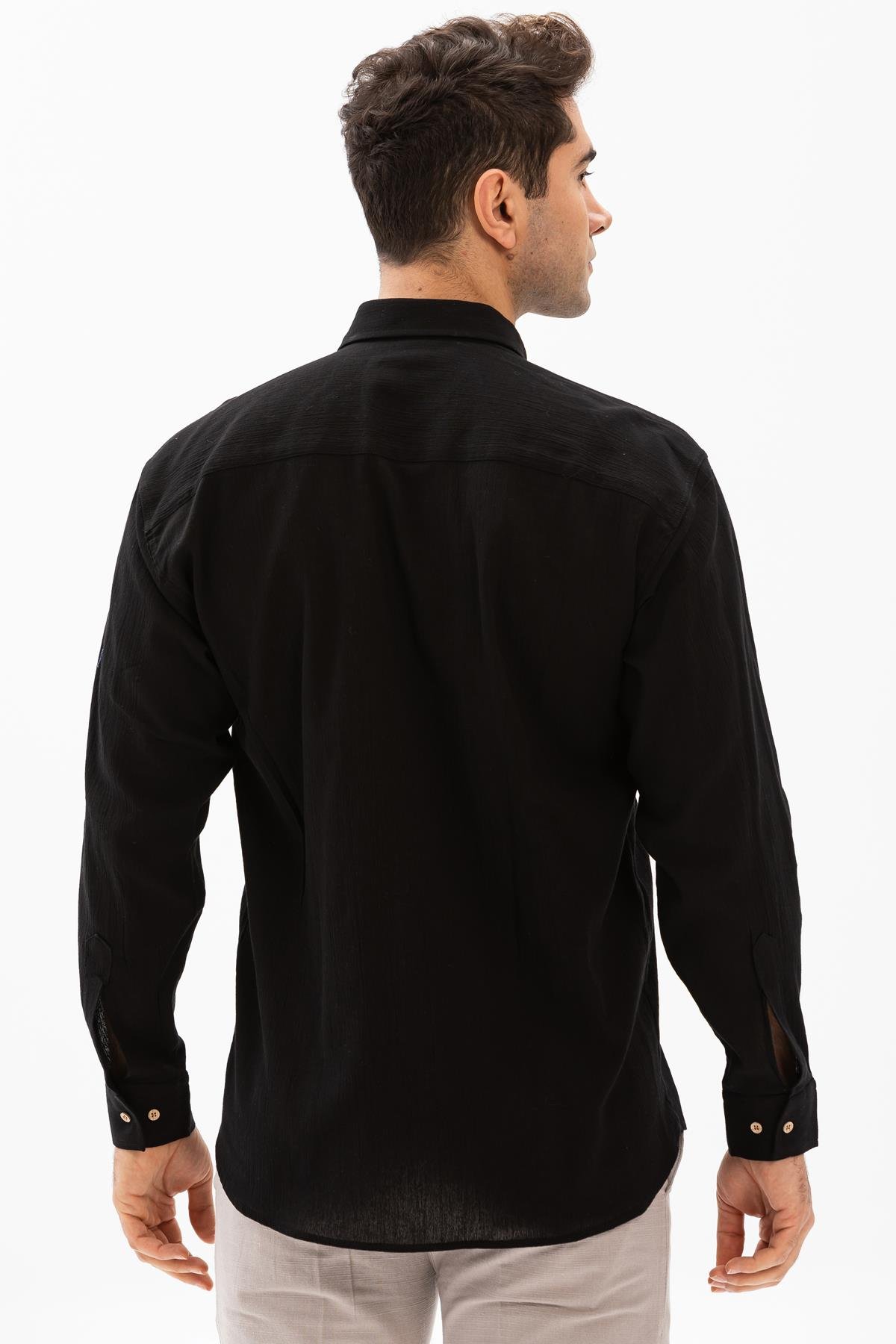 Toptan Büyük Beden Şile Bezi Uzun Kol Erkek Gömlek Siyah