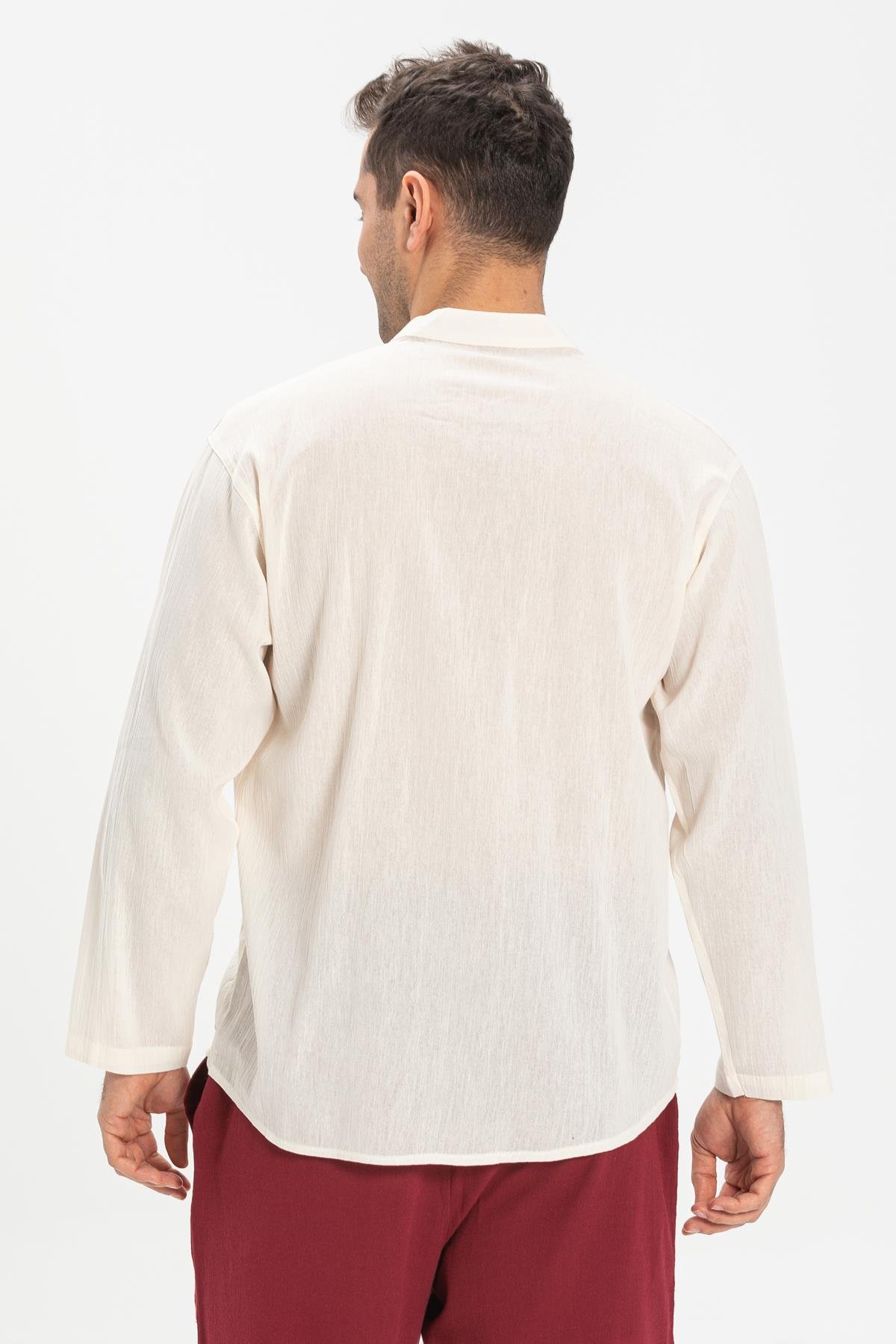 Toptan Büyük Beden Şile Bezi Uzun Kol Hakim Yaka T-shirt Krem