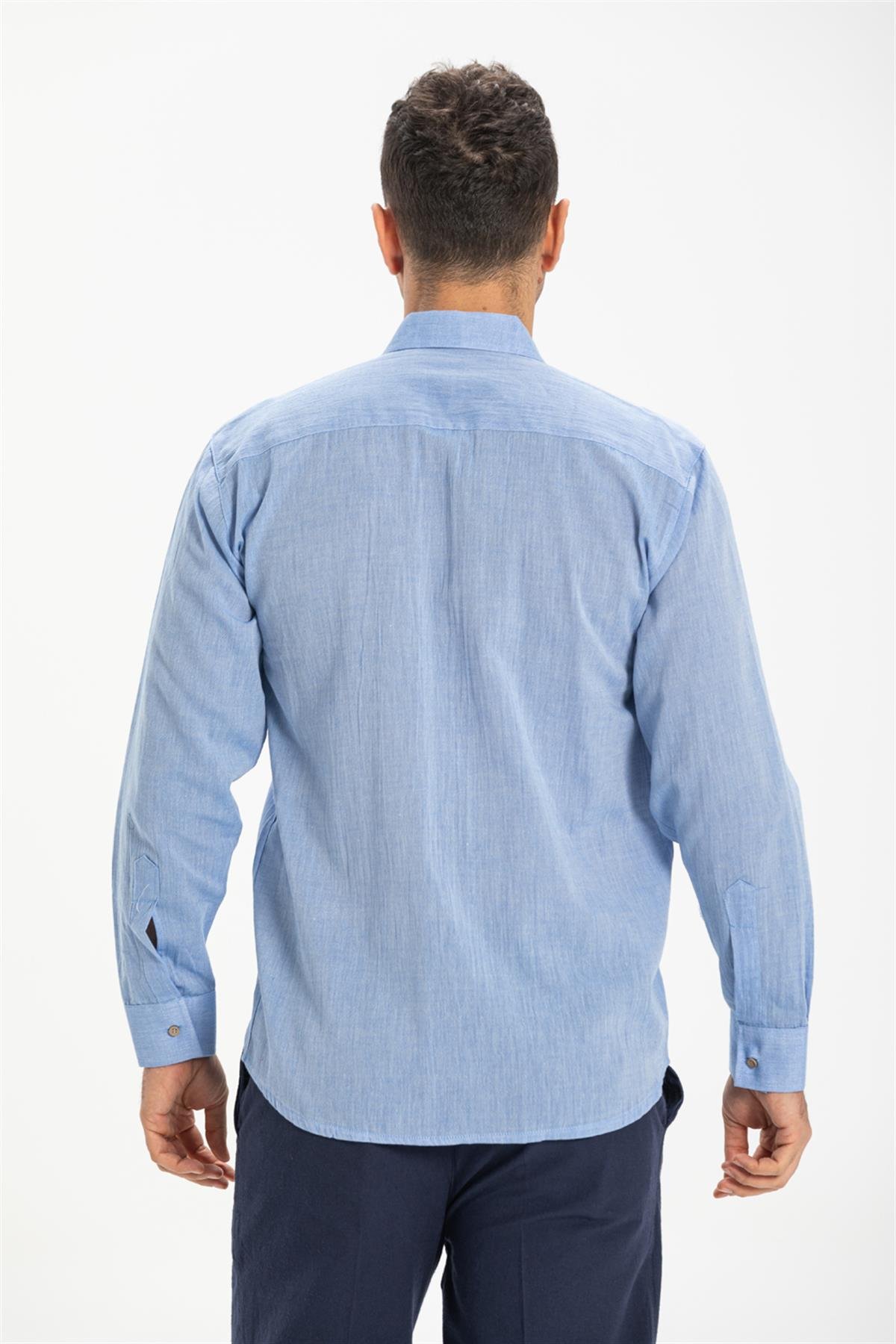 Toptan Büyük Beden Şile Bezi Uzun Kol Erkek Gömlek Mavi