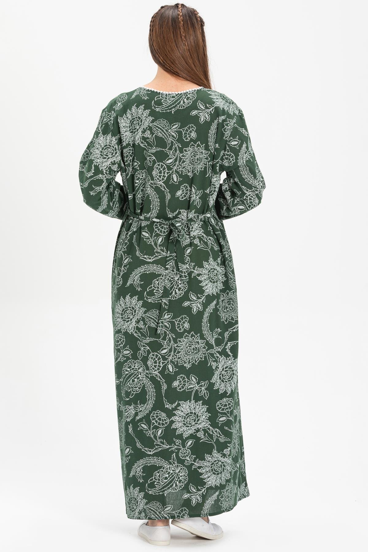 Toptan Büyük Beden Uzun Kol Baskılı Şile Bezi Elbise Çınar Desen Yeşil