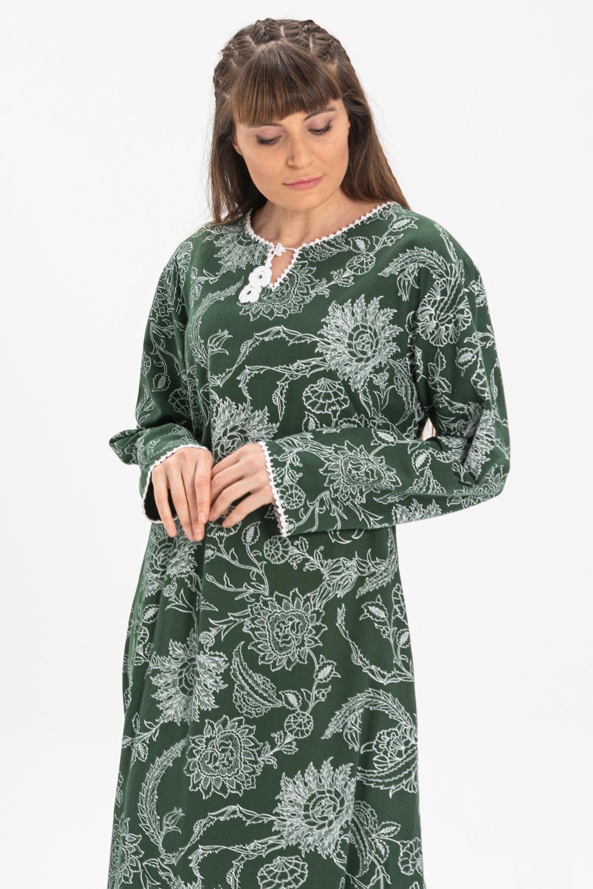 Toptan Büyük Beden Uzun Kol Baskılı Şile Bezi Elbise Çınar Desen Yeşil