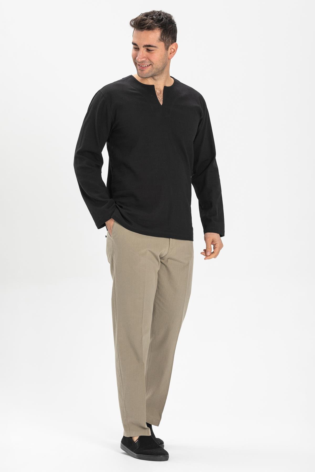 Toptan Büyük Beden Uzun Kol Bisiklet Yaka Şile Bezi Erkek Tshirt Siyah