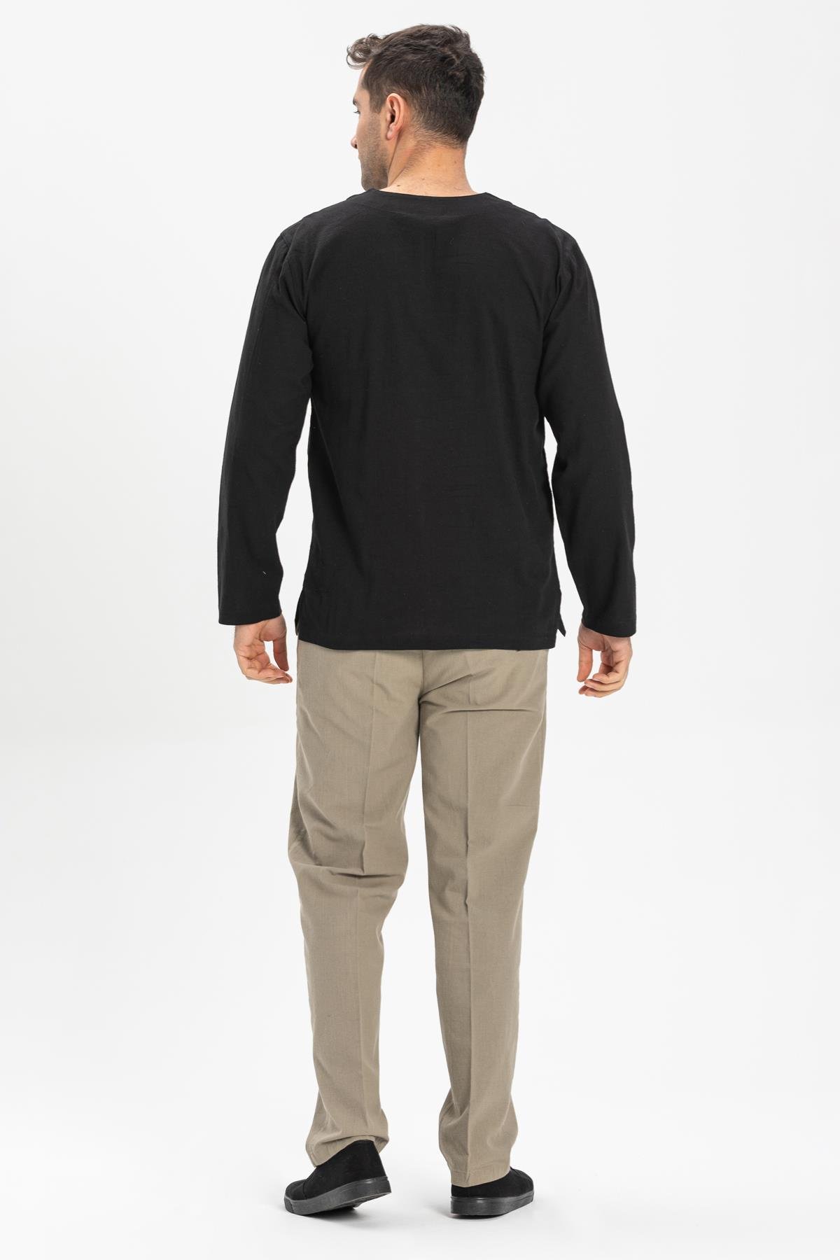 Toptan Büyük Beden Uzun Kol Bisiklet Yaka Şile Bezi Erkek Tshirt Siyah