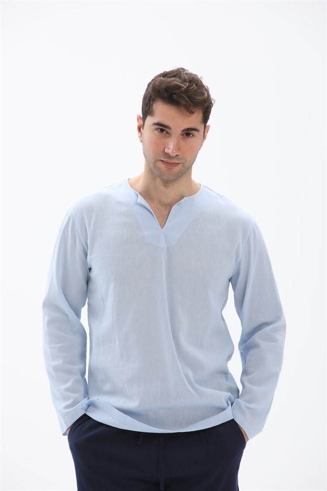 Toptan Büyük Beden Uzun Kol Bisiklet Yaka Şile Bezi Erkek Tshirt Buz Mavi