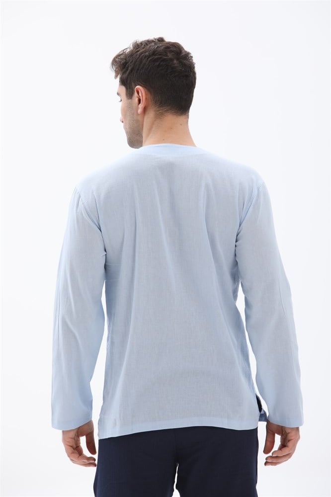 Toptan Büyük Beden Uzun Kol Bisiklet Yaka Şile Bezi Erkek Tshirt Buz Mavi