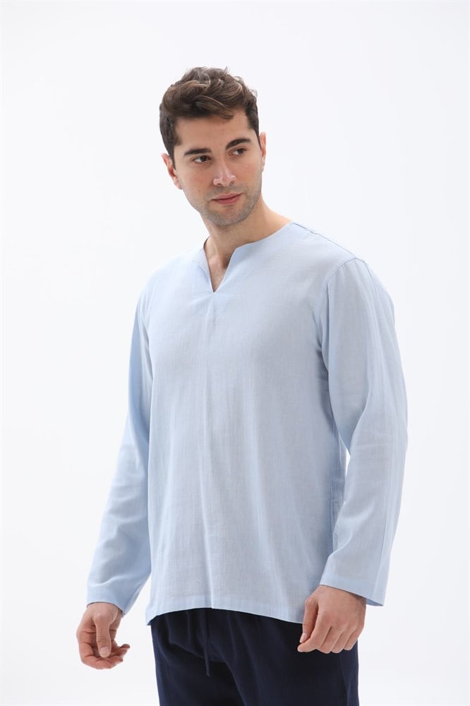 Toptan Büyük Beden Uzun Kol Bisiklet Yaka Şile Bezi Erkek Tshirt Buz Mavi