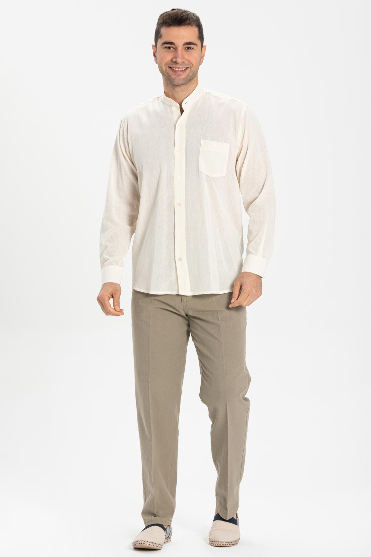 Toptan Büyük Beden Uzun Kol Şile Bezi Hakim Yaka Erkek Gömlek Krem