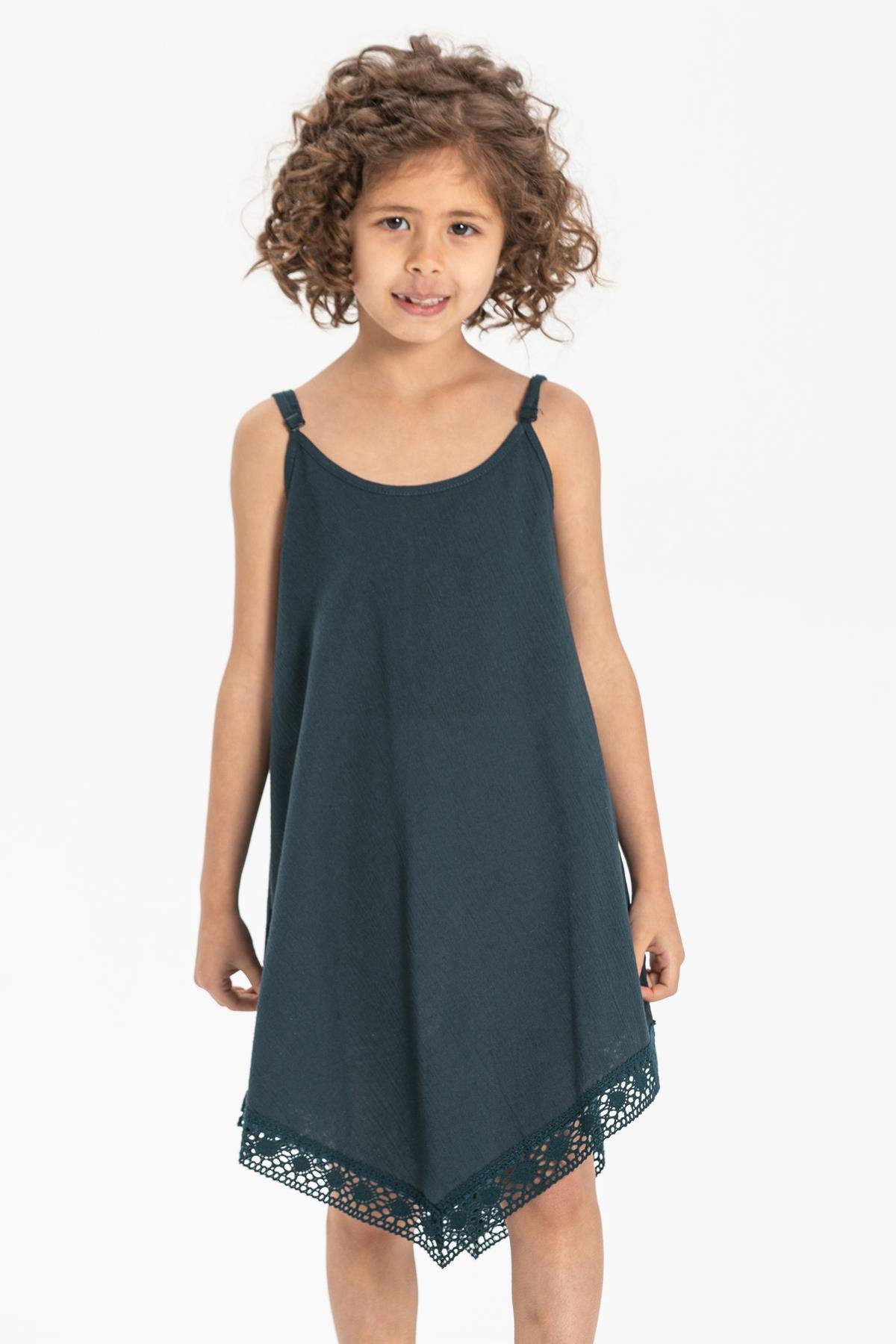 Toptan Çağla Şile Bezi Çocuk Elbise Petrol