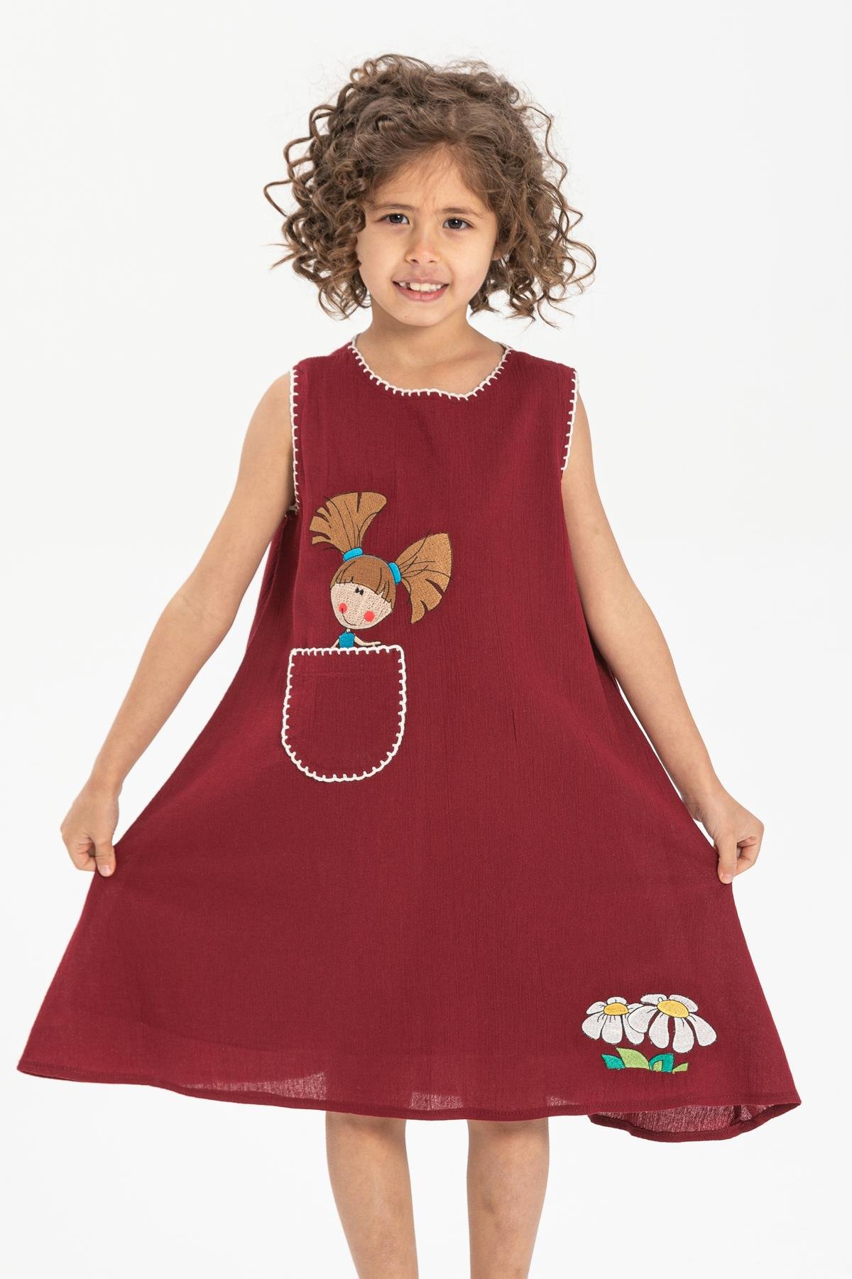 Toptan Ece Şile Bezi Çocuk Elbise Bordo