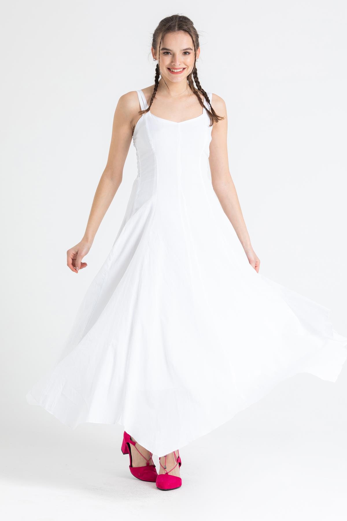 Toptan Emel Vual Uzun Elbise Beyaz Byz