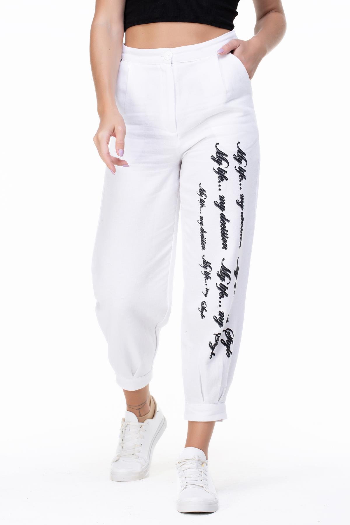 Toptan İlkay Baskılı Pazen Pantolon Beyaz
