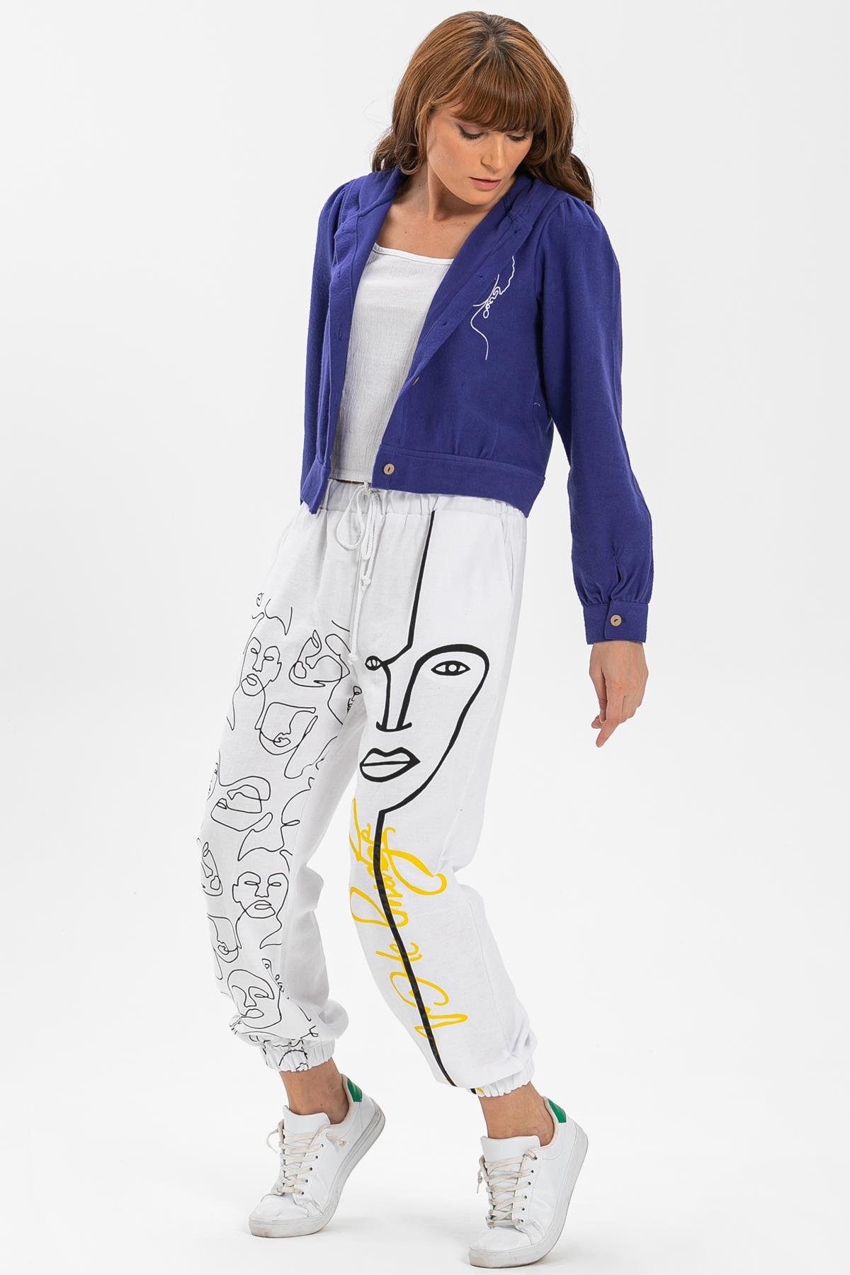 Toptan İrem Baskılı Pazen Pantolon Beyaz