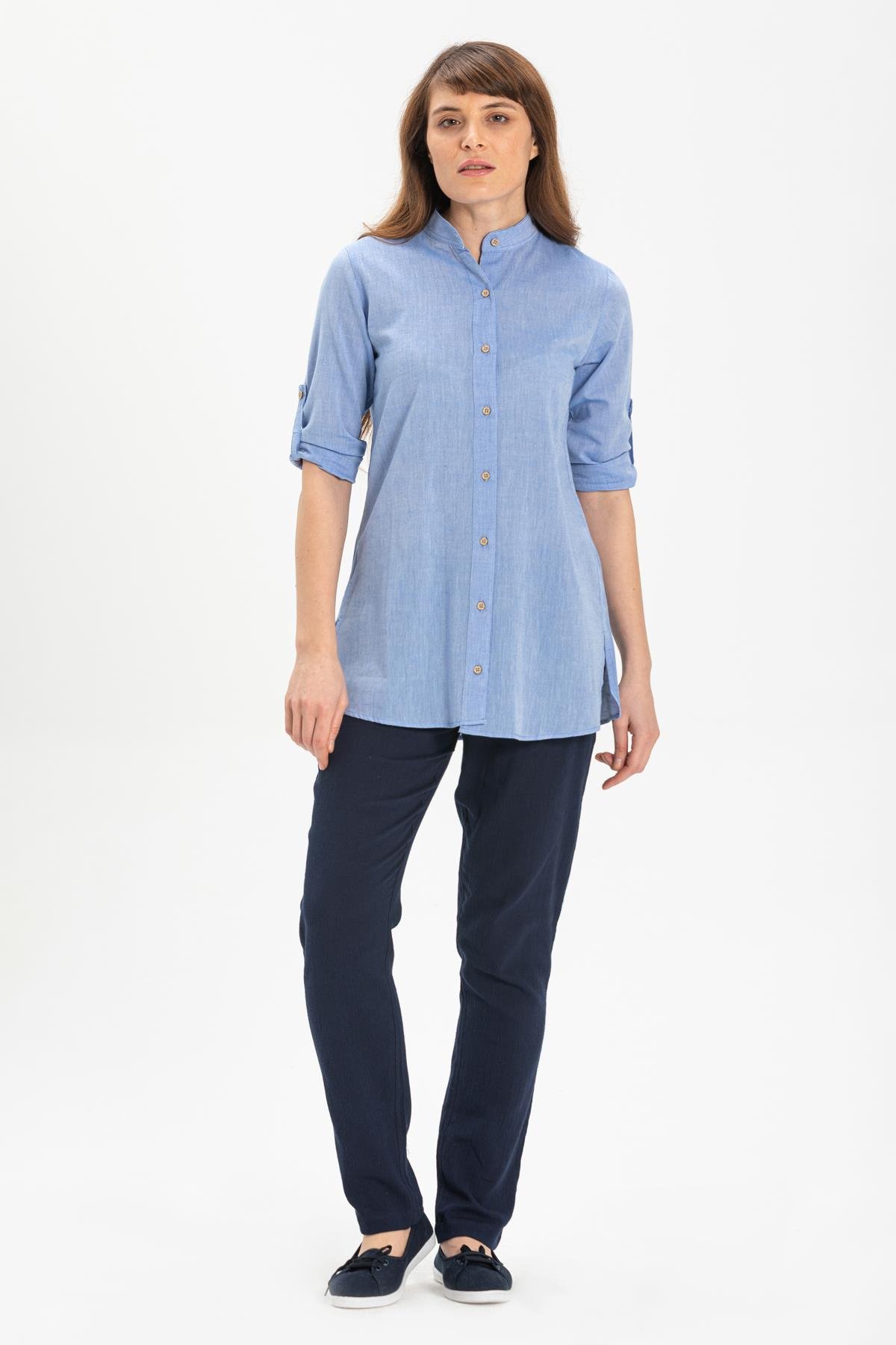 Toptan Kadın Hakim Yaka Şile Bezi Tunik Mavi