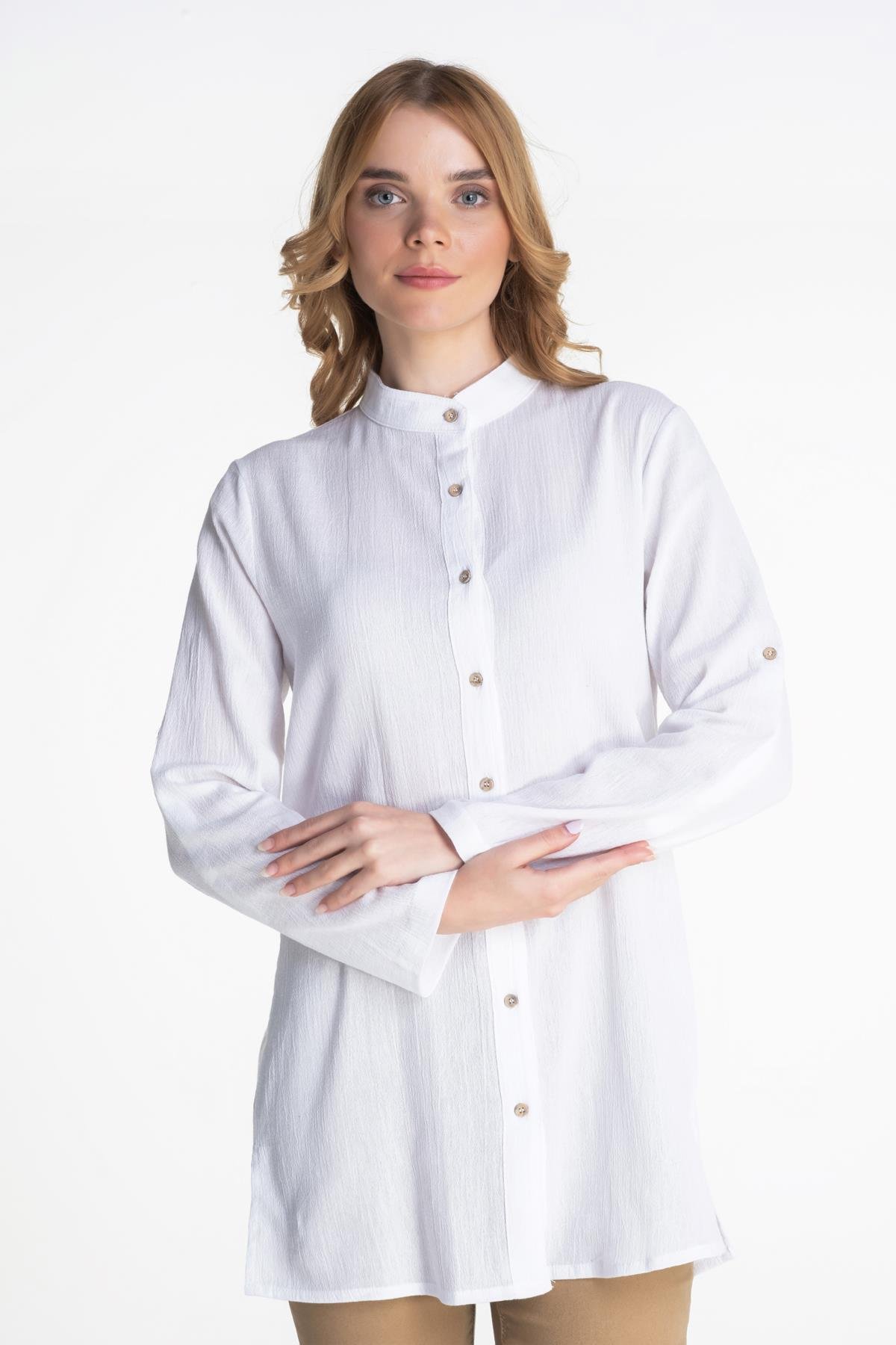 Toptan Kadın Şile Bezi Hakim Yaka Tunik Beyaz