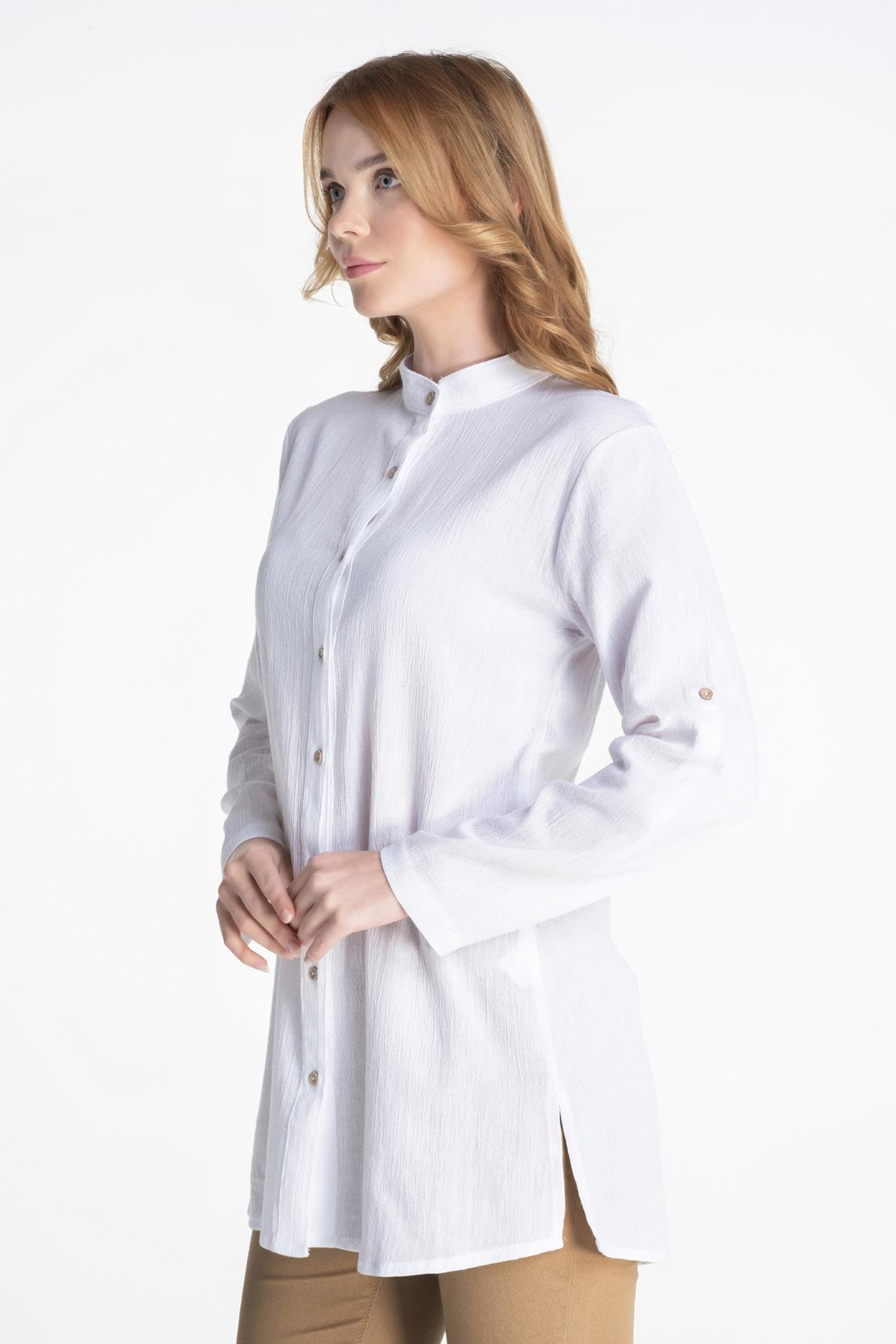 Toptan Kadın Şile Bezi Hakim Yaka Tunik Beyaz