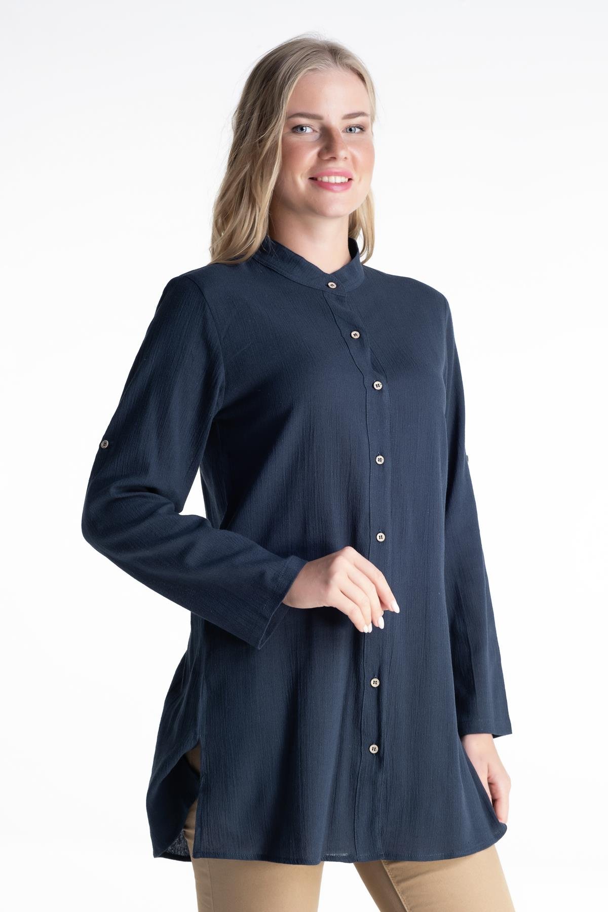 Toptan Kadın Şile Bezi Hakim Yaka Tunik Petrol