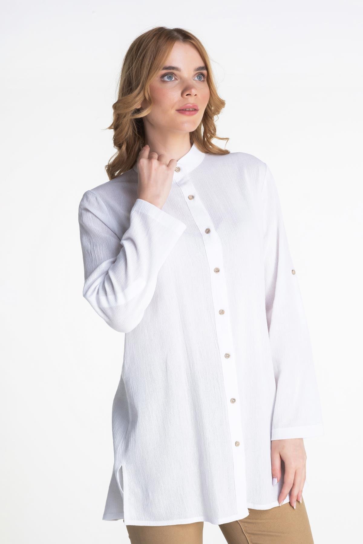 Toptan Kadın Şile Bezi Hakim Yaka Tunik Beyaz