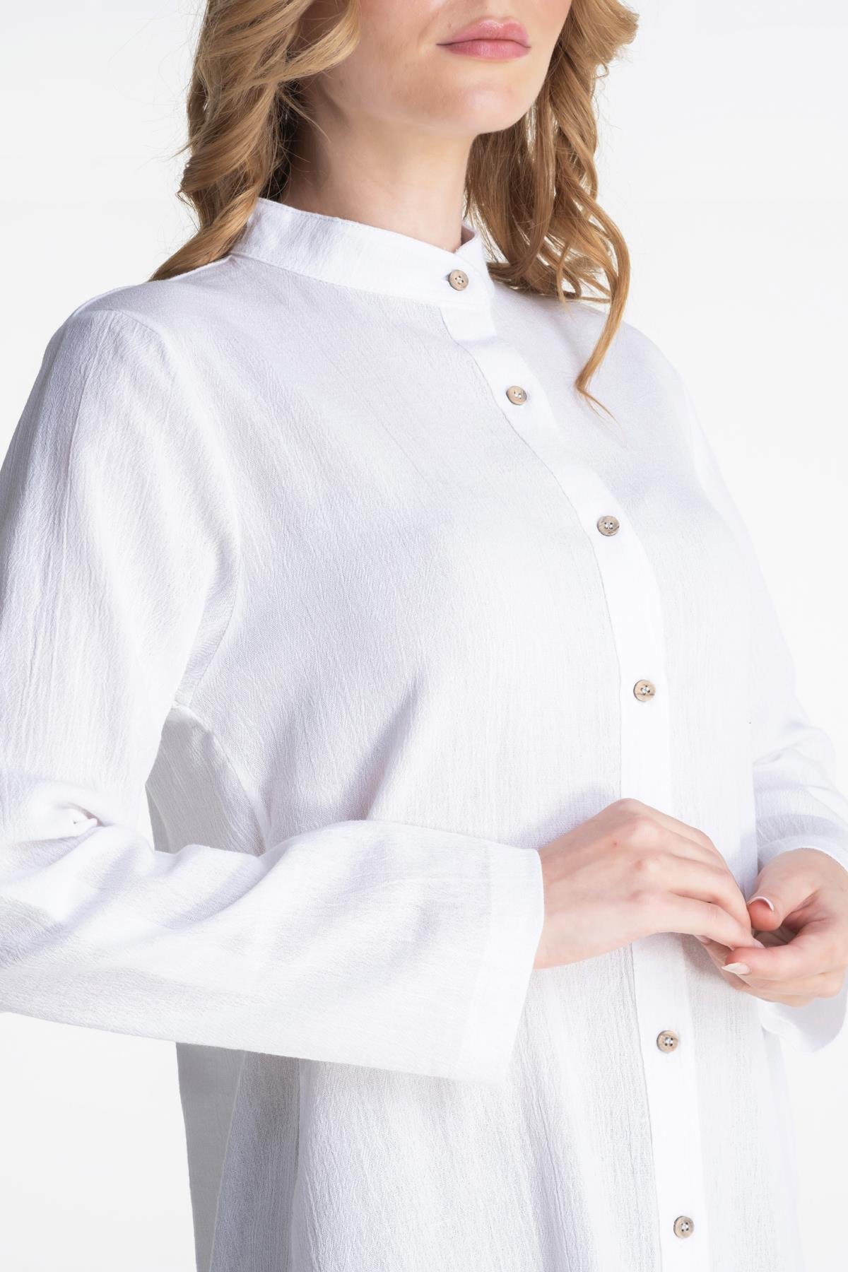 Toptan Kadın Şile Bezi Hakim Yaka Tunik Beyaz