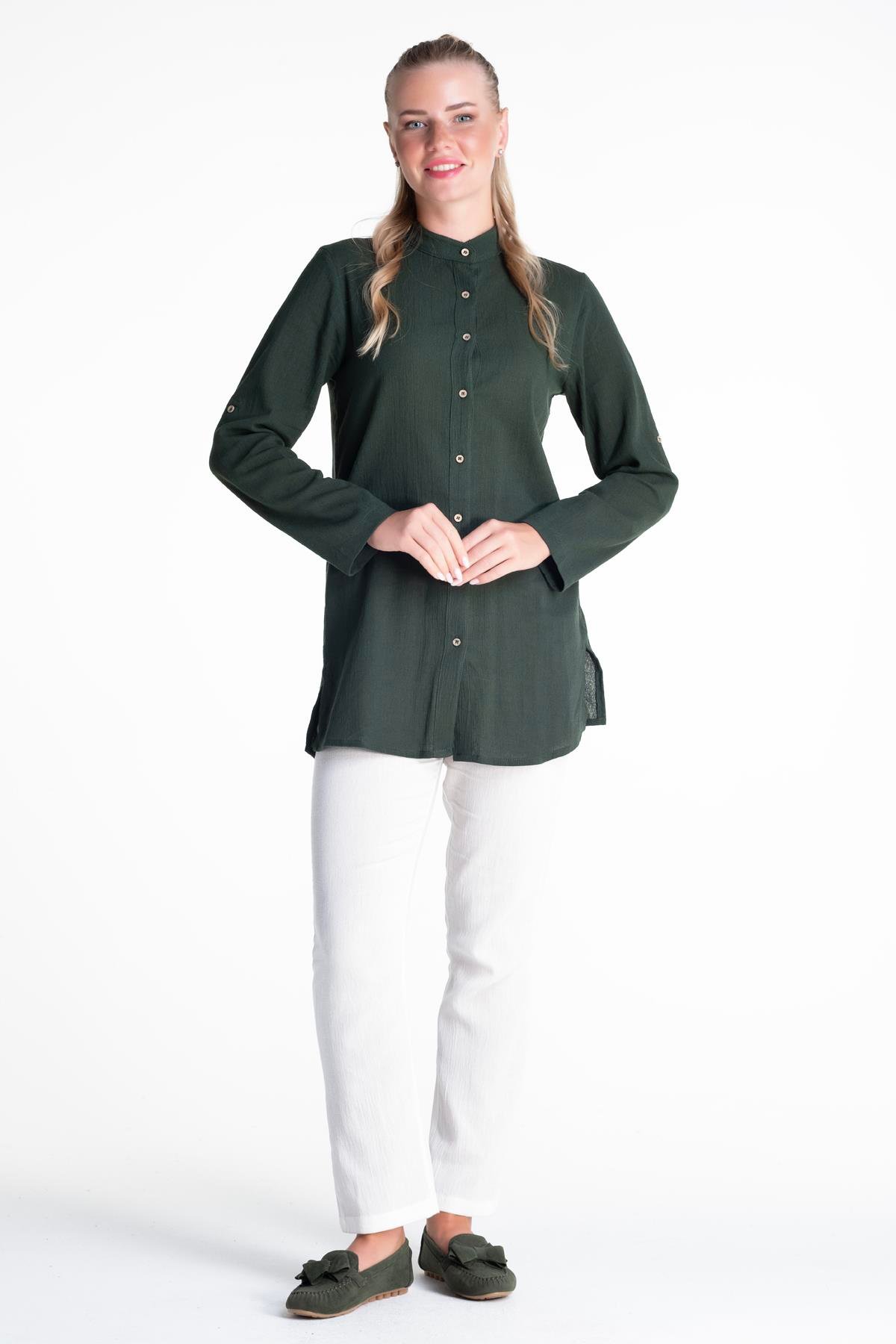 Toptan Kadın Şile Bezi Hakim Yaka Tunik Yeşil