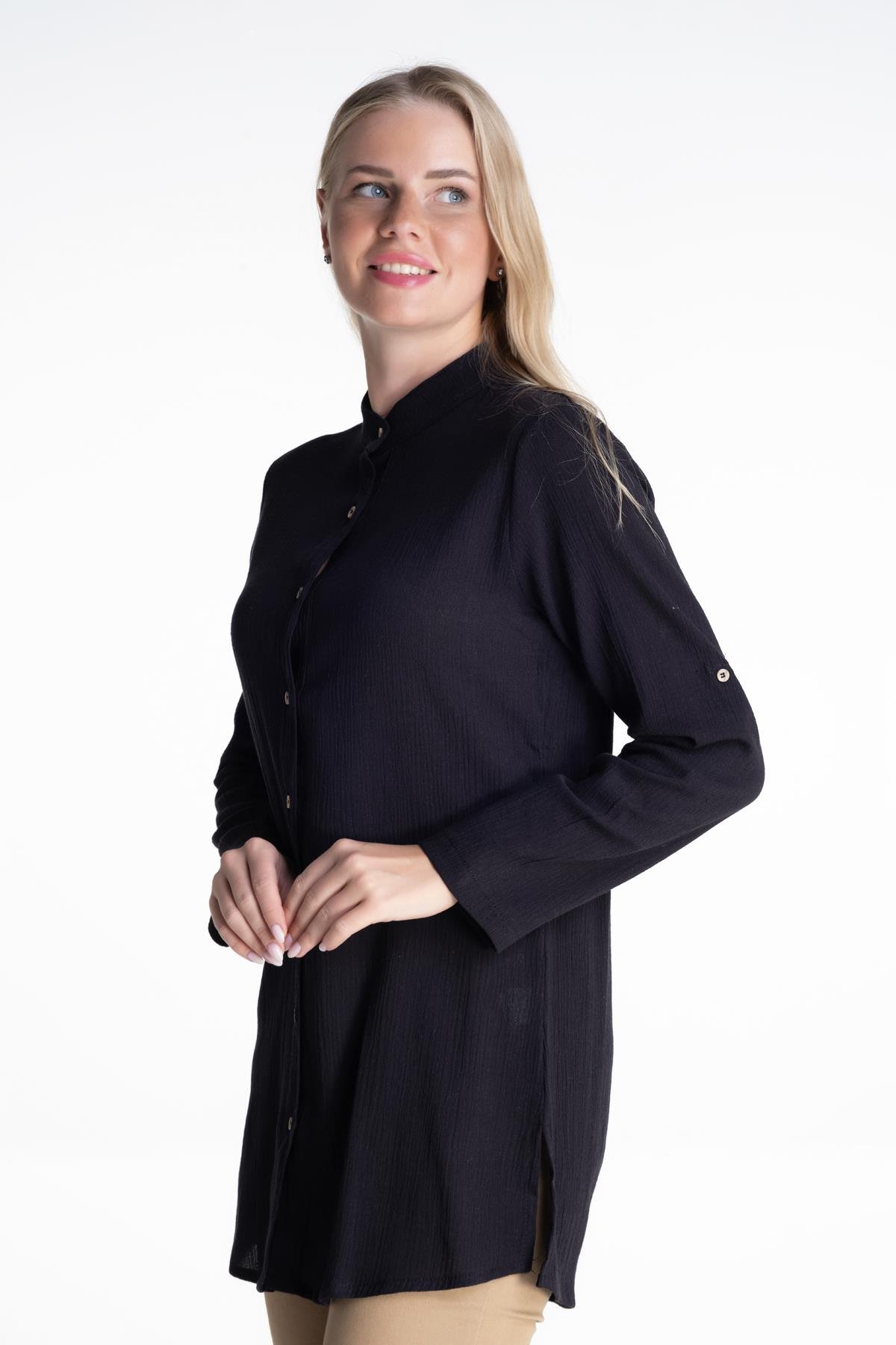 Toptan Kadın Şile Bezi Hakim Yaka Tunik Siyah