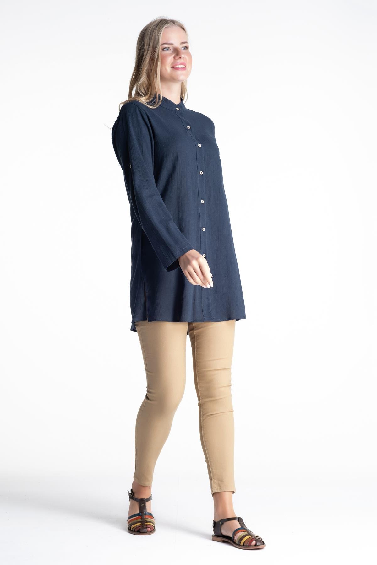 Toptan Kadın Şile Bezi Hakim Yaka Tunik Petrol