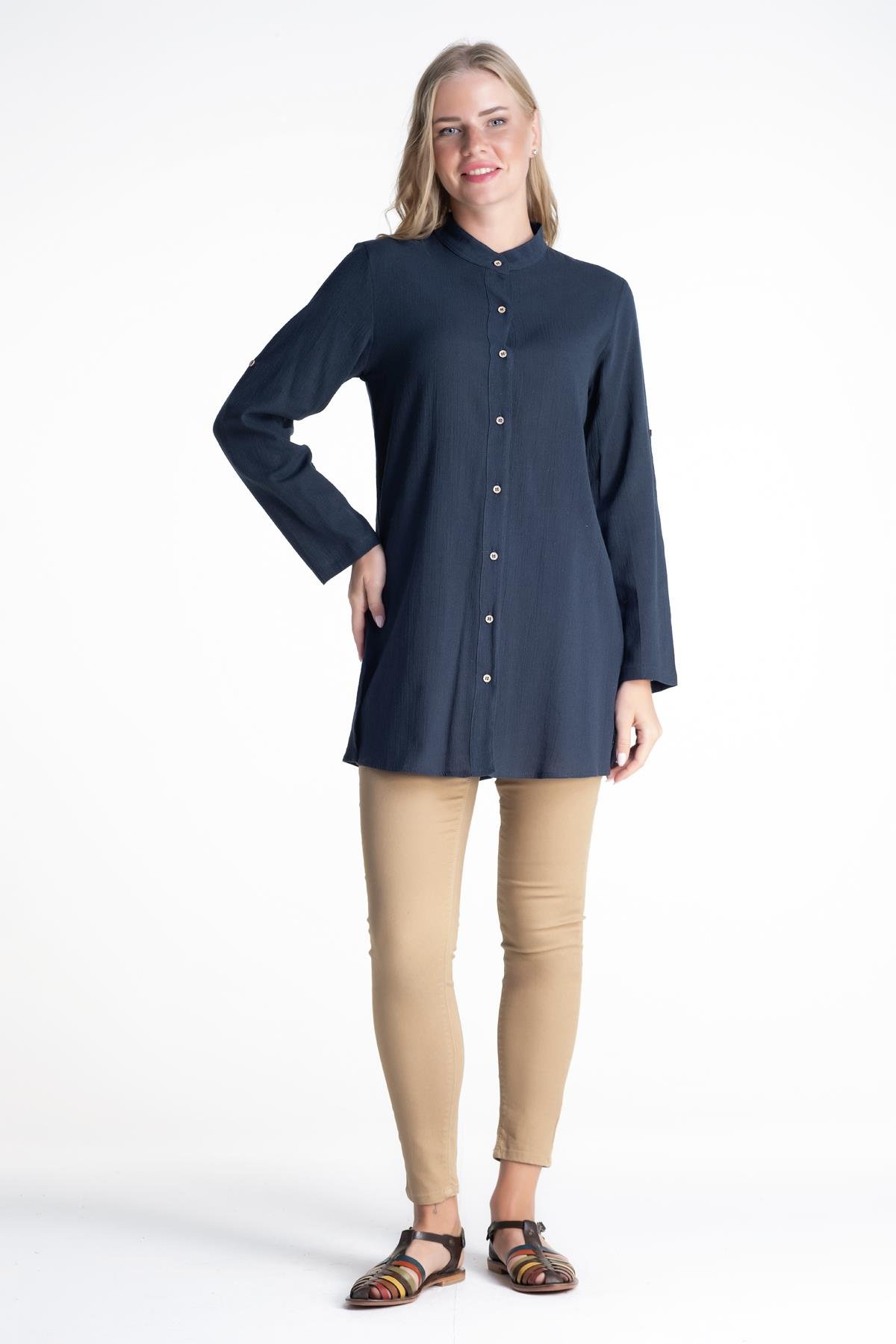 Toptan Kadın Şile Bezi Hakim Yaka Tunik Petrol