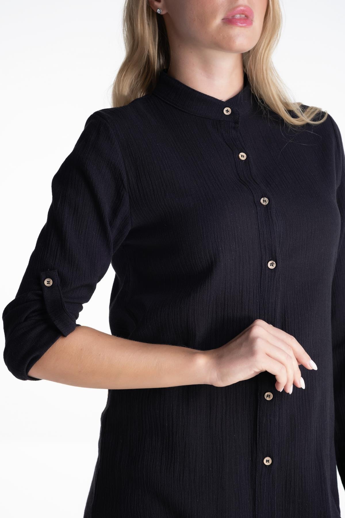 Toptan Kadın Şile Bezi Hakim Yaka Tunik Siyah