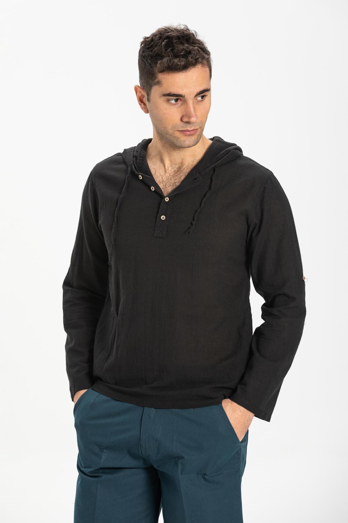 Toptan Kapüşonlu Şile Bezi Erkek Sweatshirt Siyah