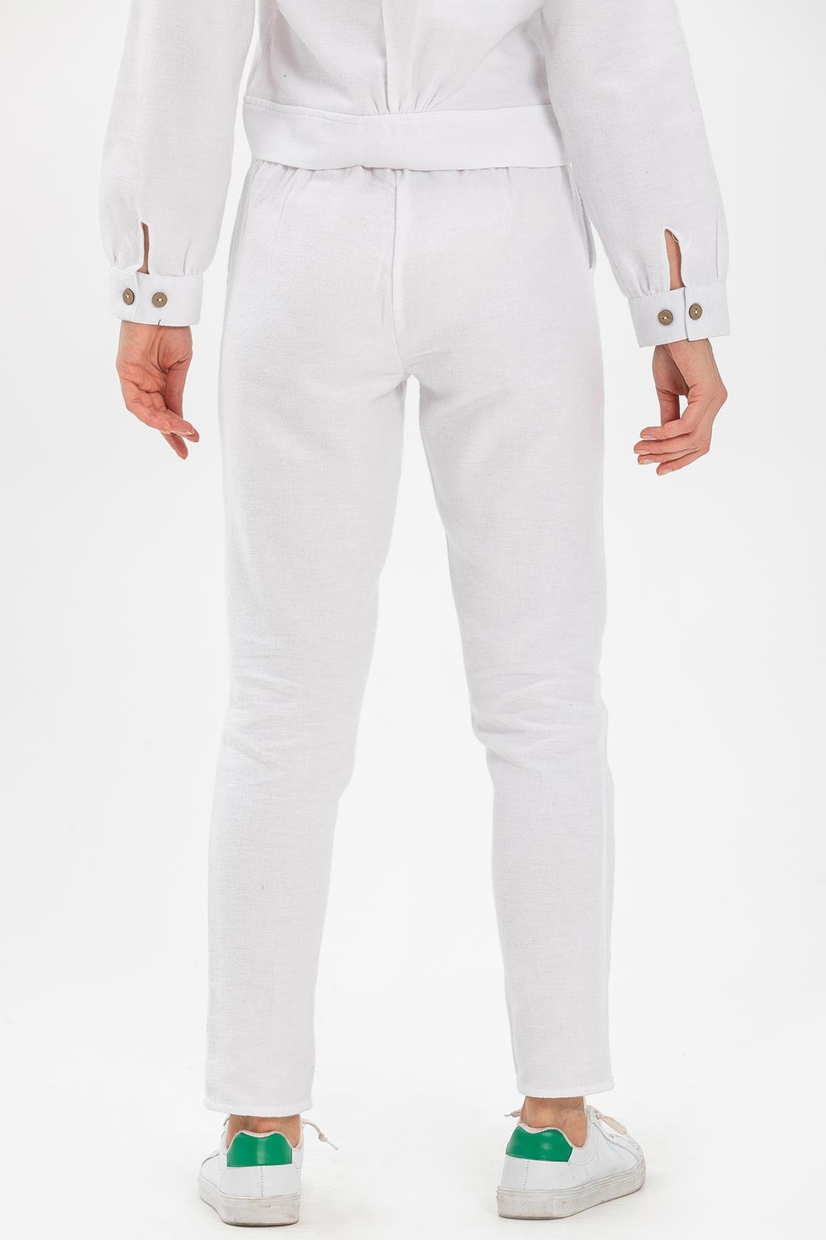 Toptan Kemerli Pazen Pantolon Beyaz