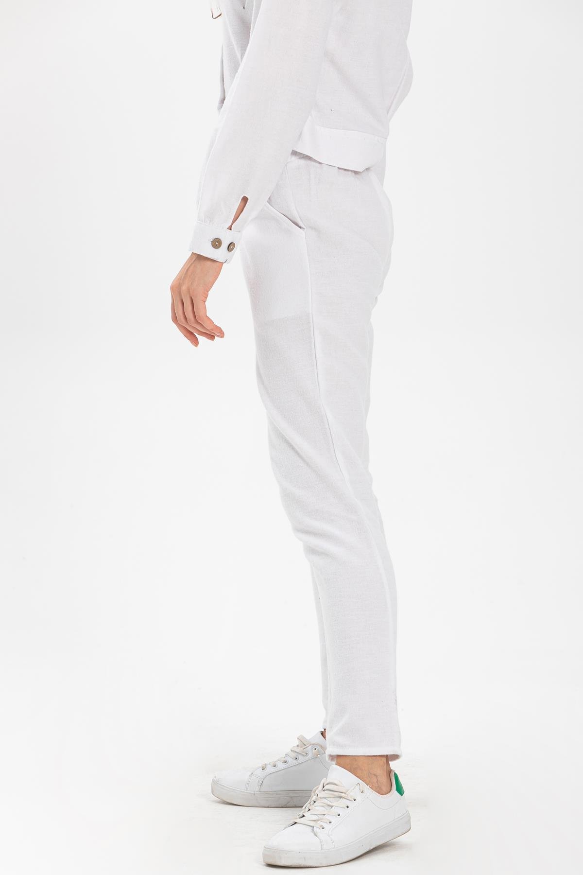 Toptan Kemerli Pazen Pantolon Beyaz