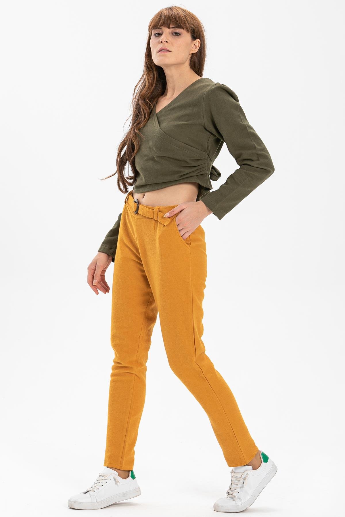 Toptan Kemerli Pazen Pantolon Hardal