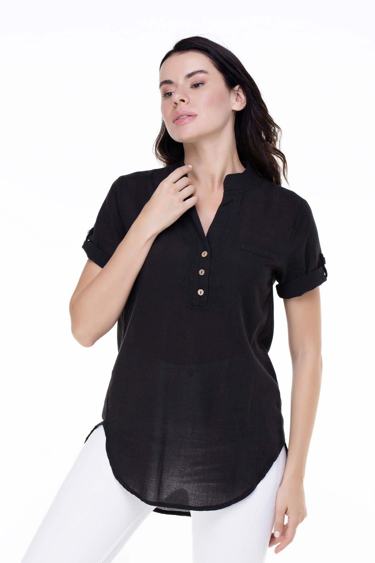 Toptan Kısa Kol Akasya Bluz Siyah 