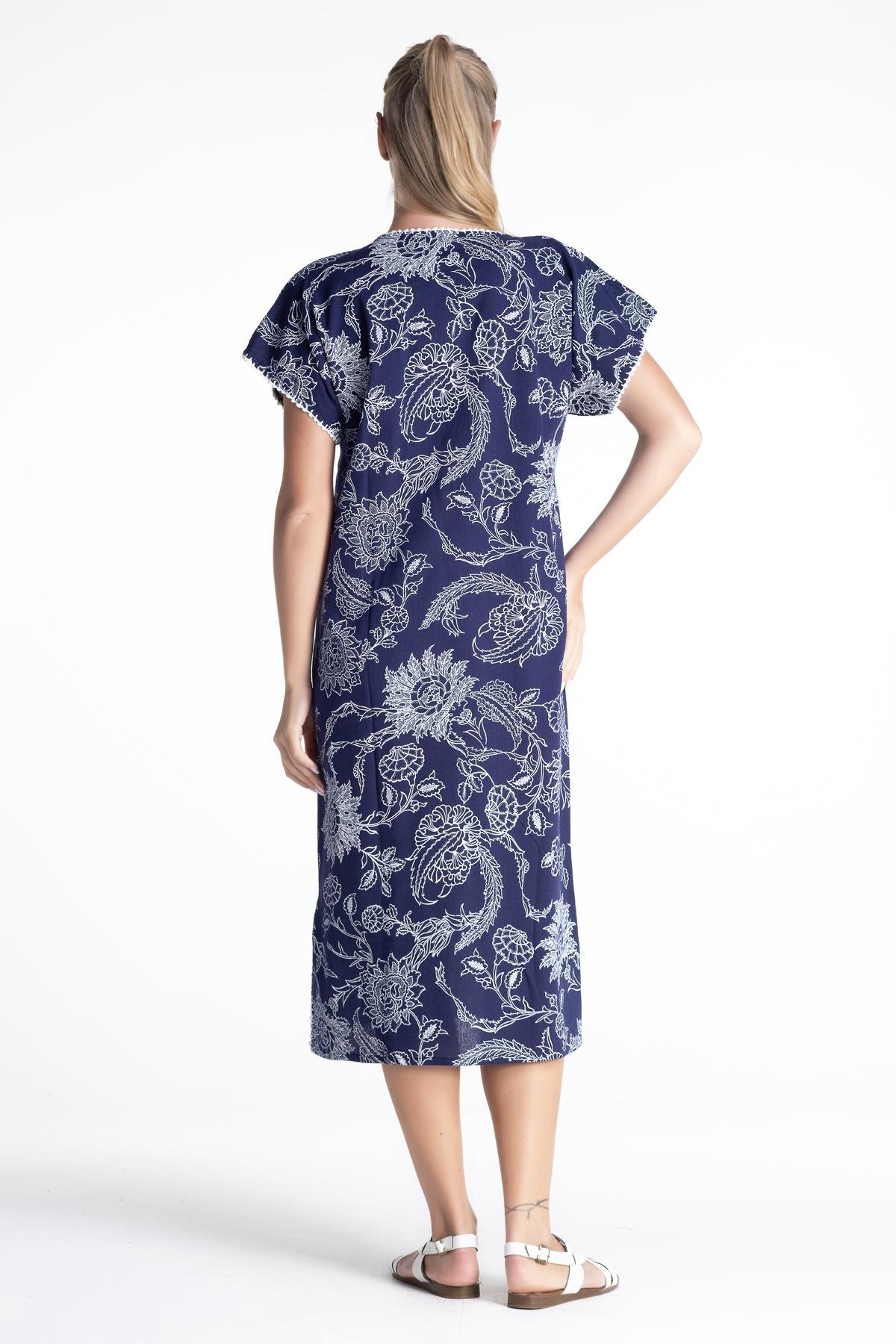 Toptan Kısa Kol Baskılı Şile Bezi Elbise Çınar Desen Mor