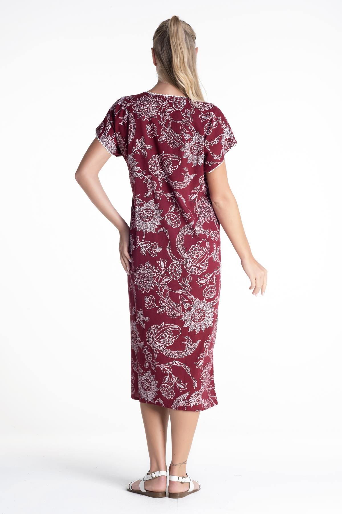 Toptan Kısa Kol Baskılı Şile Bezi Elbise Çınar Desen Bordo