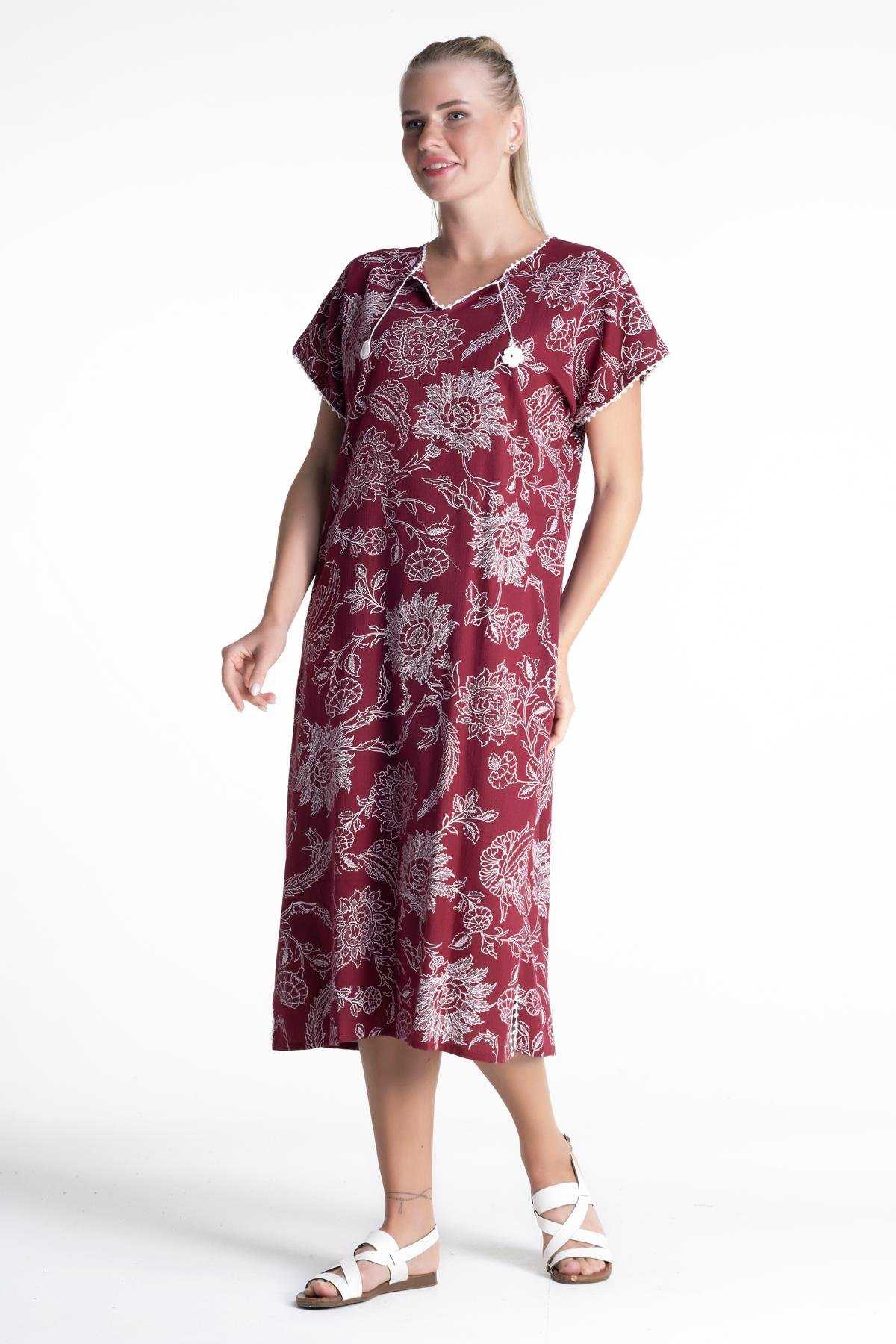 Toptan Kısa Kol Baskılı Şile Bezi Elbise Çınar Desen Bordo